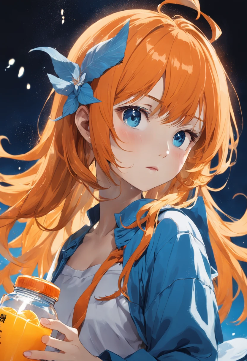 Close up of a bottle of orange juice on white background, Blue-orange, Refreshing, daoshu, Sprite, Limsa, jia, Orange mist, orange extremely coherent, Lu Ji, tang mo, Orange, Bitter, apple orange, qiangshu, inspired by Tang Di, goto fujita, tian zi, Orange-haired girl