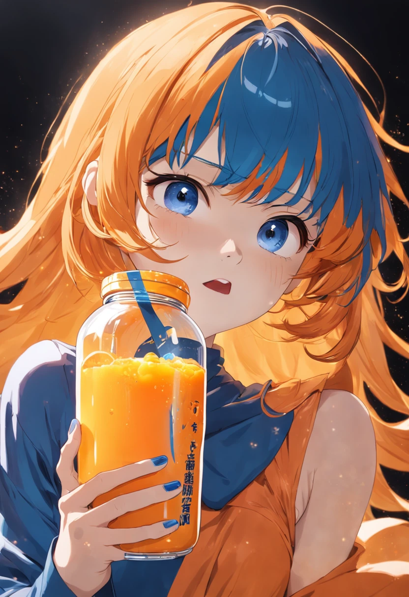 Close up of a bottle of orange juice on white background, Blue-orange, Refreshing, daoshu, Sprite, Limsa, jia, Orange mist, orange extremely coherent, Lu Ji, tang mo, Orange, Bitter, apple orange, qiangshu, inspired by Tang Di, goto fujita, tian zi, Orange-haired girl