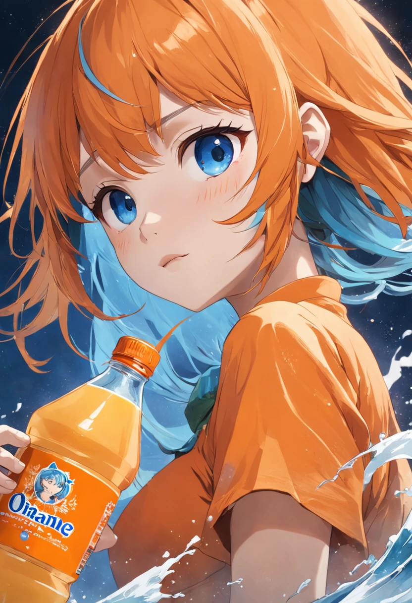 Close up of a bottle of orange juice on white background, Blue-orange, Refreshing, daoshu, Sprite, Limsa, jia, Orange mist, orange extremely coherent, Lu Ji, tang mo, Orange, Bitter, apple orange, qiangshu, inspired by Tang Di, goto fujita, tian zi, Orange-haired girl