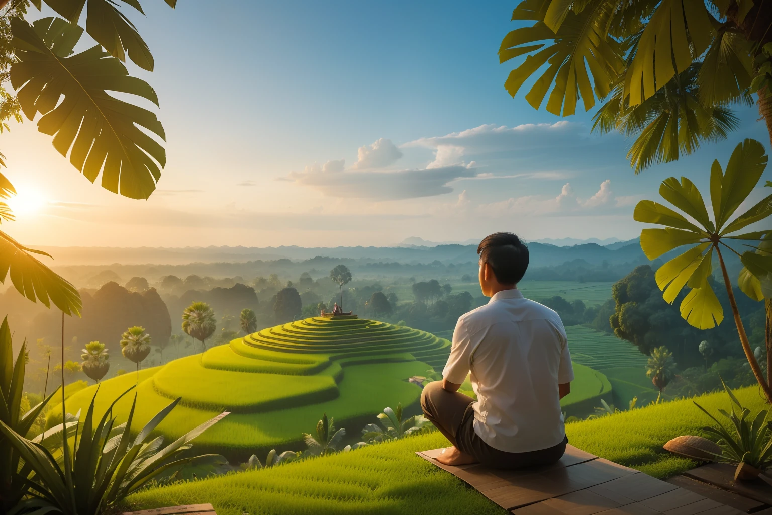 Date: 2020
Country: Cambodia
Description: An adult enjoys a moment of tranquility in a lush rice terrace, surrounded by the breathtaking beauty of the landscape, symbolizing the harmony between nature and modern life.