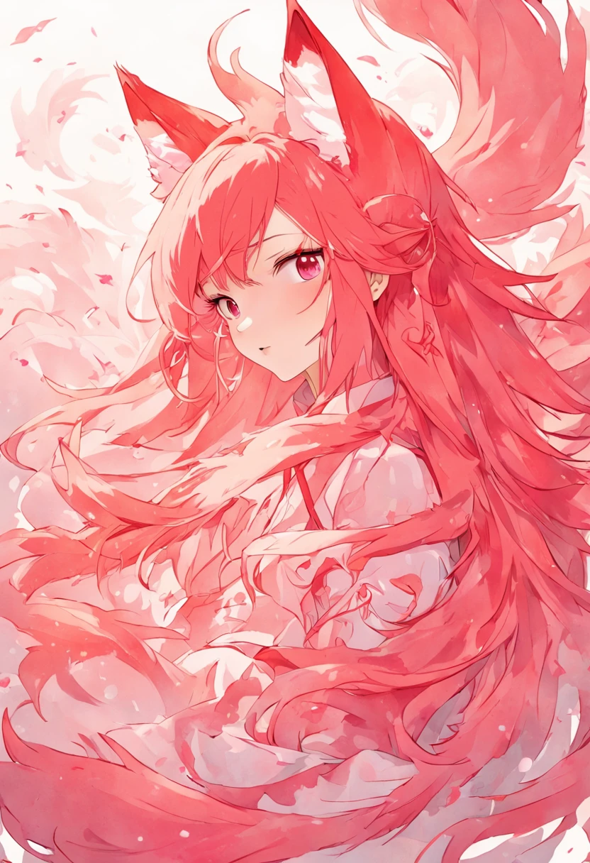 (White background:1.4),(The face of the girl's head, Eyes open, Long pink hair,Pink fox ears,There are nine fluffy fox tails,The tail has a fiery red color at the end, Oriental elements),(Chinese illustration:1.3,paper art:1.3, Quilted paper art:1.2),( reasonable design, Clear lines, High sharpness,Best quality, Very detailed, Masterpiece, movie light effect, 4K )
