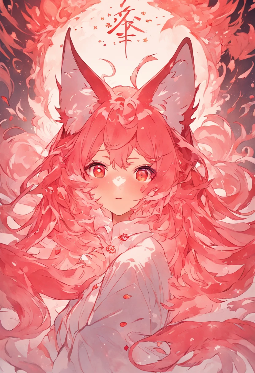 (White background:1.4),(The face of the girl's head, Eyes open, Long pink hair,Pink fox ears，There are nine fluffy fox tails，The tail has a fiery red color at the end， Oriental elements)，(Chinese illustration:1.3，paper art:1.3, Quilted paper art:1.2),( reasonable design, Clear lines, High sharpness,Best quality, Very detailed, Masterpiece, movie light effect, 4K )