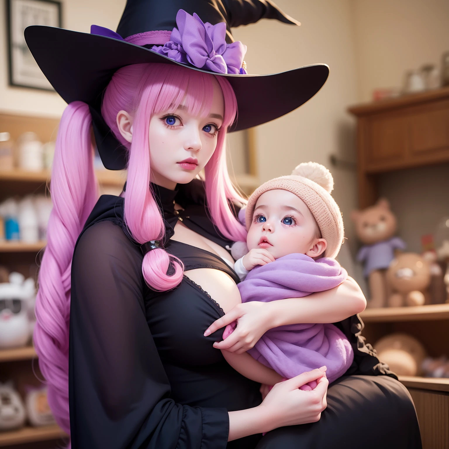 （Witch with pink curly twin tails, Pointed haunted hat and hood, About 22 years old, She makes potions in pots with alchemy, Cute ghosts around, （Lots of stuffed animals in the background！）, She staring at the baby、Fancy cute adults. Alone）, raw, Superb Boobs, Cute, Big eyes, very fine eyes & Face, Fine eyes, Jaizo, best, 、Blue eyes、Purple Dress、Real Face、Baby in her arms、Holding the baby