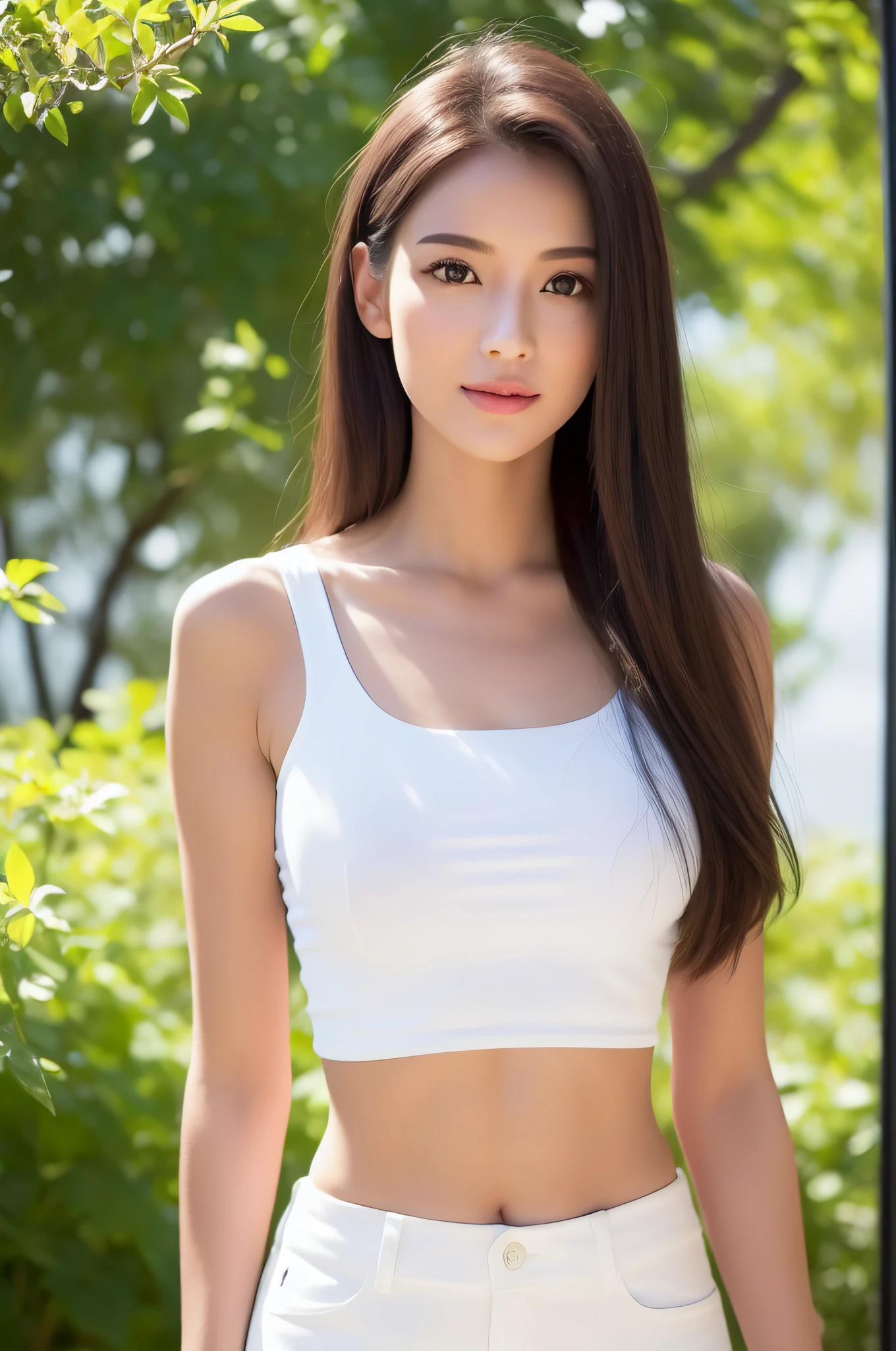 ((best qualtiy, 8K, tmasterpiece:1.3)), sharp fokus:1.2，one-girl, Beautiful Women with Perfect Figure:1.4, Slim abs:1.1, (White crop top:1.4），short white pants，exteriors，rays of sunshine，gazebo，Ultra-fine face，Fine eyes，二重まぶた，Slim legs，