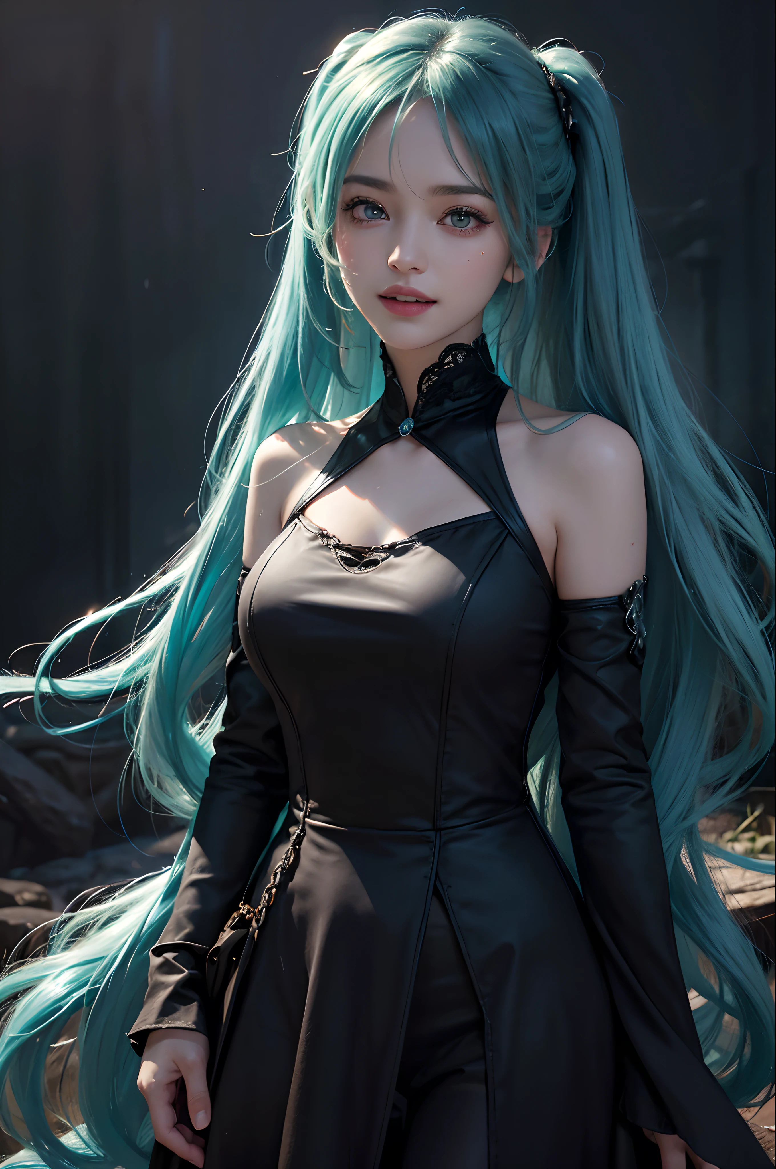 (hatsune miku charakter), tosca hair color, long twin tail hair with pony, looking at the view, eyes on the view, smile (big smile), (open mouth), full body, 21 years old girl, perfect body, perfect anatomy, tosca eye color, double eyelids, huge breasts, Highly detailed skin texture, (Realistic skin), Ultra-Detailed Face, Detailed Lips, Detailed Eyes, Double Eyelids, nacklaces, wet skin, wet hair, simple dark room background, (front focus), (in the dark:1.6), deep dark, Hyperrealist portrait of female by david hockney and alphonse mucha, fantasy art, photo realistic, dynamic pose, dynamic lighting, artstation, poster, volumetric lighting, very detailed faces, 4 k, award winning, in the dark, deep shadow, low key, cowboy shot, luxury satin long dress, lighting dress full body photo