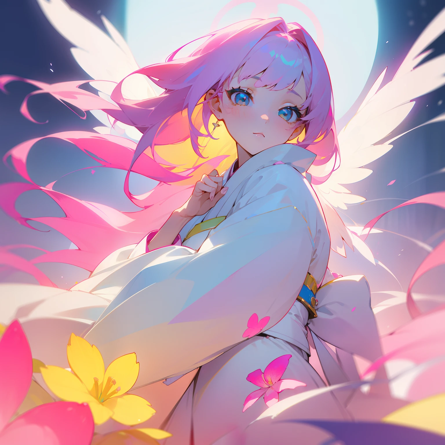 (Beautifully Aesthetic:1.2)、(1girl in:1.3)、(Colorful hair with white and pink and yellow:1.2)、Wearing a colorful white kimono、Thanks、faithful、tenderness, sacredness、Beautiful fece、