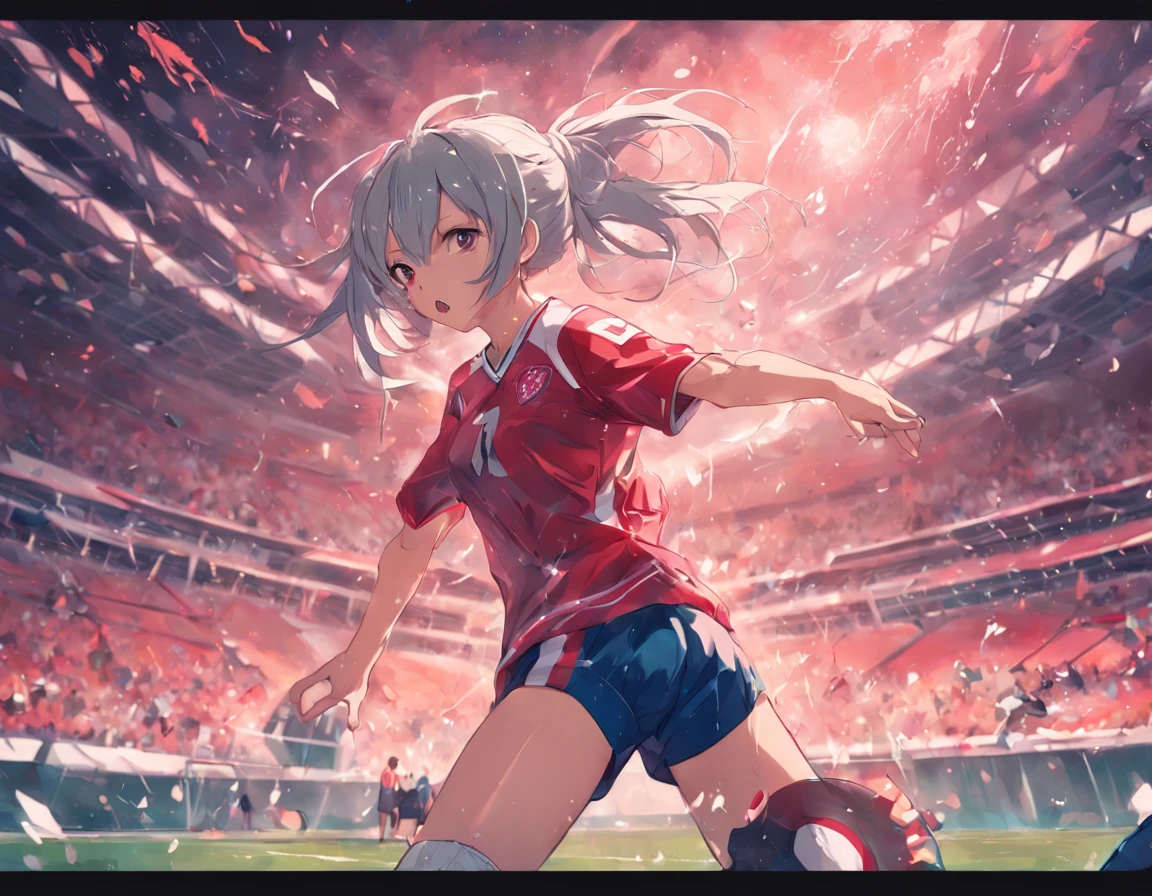 (8K, Raw photo, Best Quality, masutepiece:1.2), (Realistic, Photorealsitic:1.37),1 girl,Cute, (Solo),A detailed face, Dramatic Angle, ,soccer Uniform,Look away,Sporty,shoot a soccerball,Wet skin,Sweat,Large breasts,Nice　Legs,　　soccer venues ,
