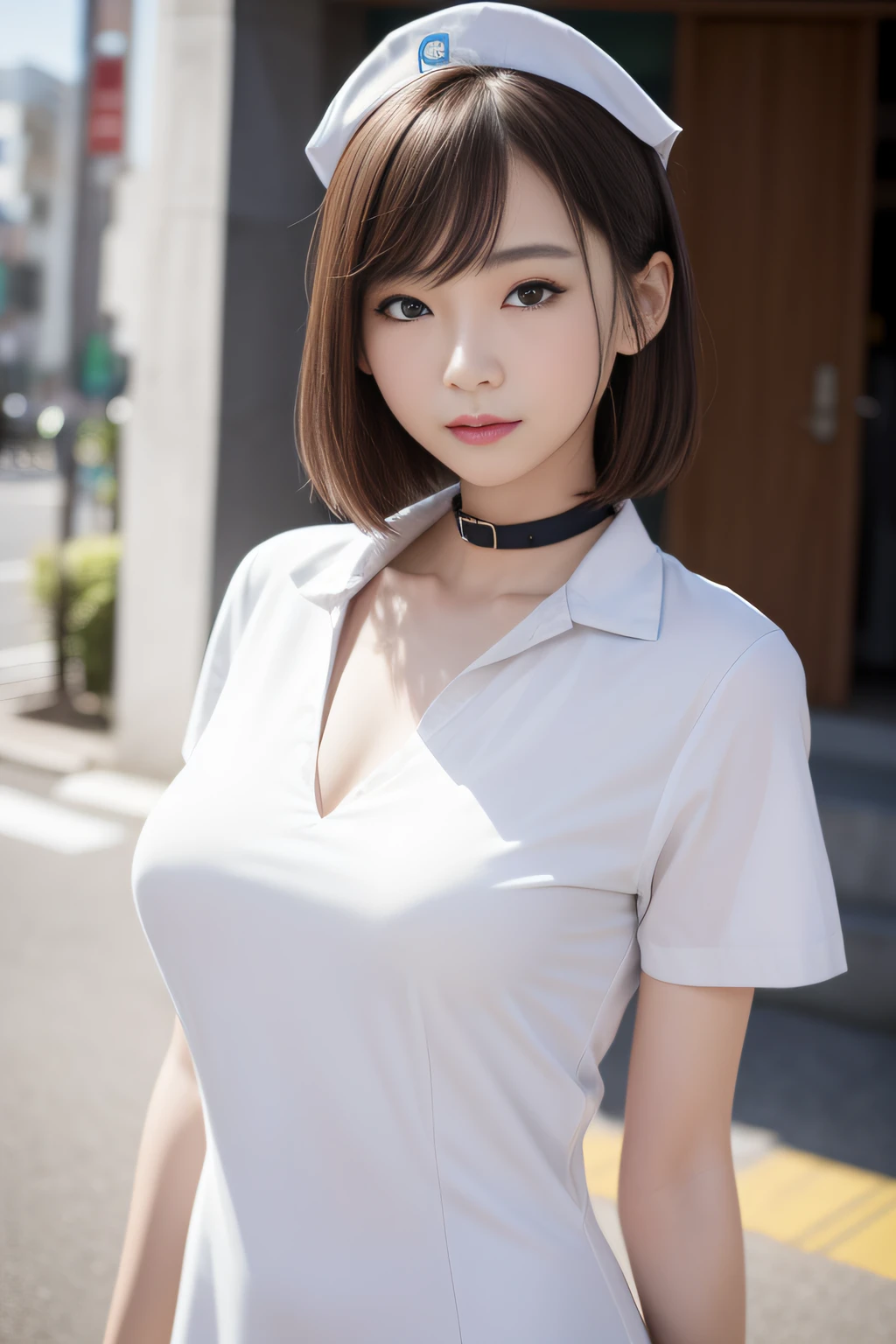 Best Quality、masutepiece、超A high resolution、(Photorealistic:1.4)、(Thin eyebrows:0.2)、(thin lipss:0.8)、(small nose:0.8)、Appearance without makeup、run、japanes、24-year-old woman、Nurse、Nurse Cap、Bodycon dress with collar、Nurse Shoes、Brown hair、short-hair、Smile、(the perfect body:1.2)、dynamicposes、(small nipple:0.7)、Big breasts、Urban background、By Michelangelo、ulzzang -6500-v1.1