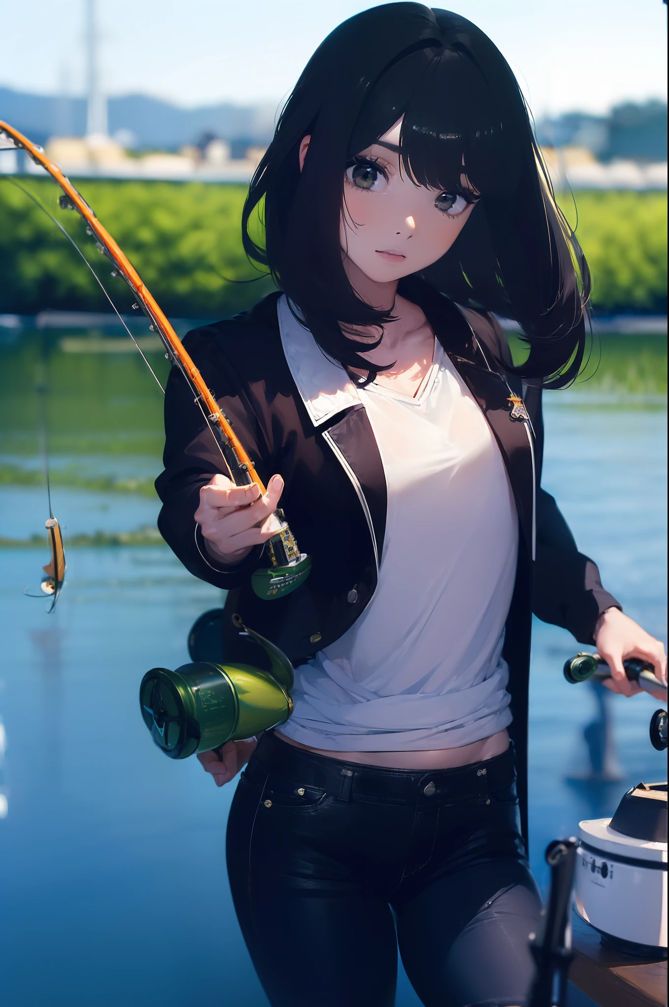 ((((having a fishing rod with a reel by the lakeside:1.5)))),((Female 28 years old)),((Best Quality:1.5)),(((Hands with the correct number and structure of fingers:1.4))),((Big fish:1.37)),hight resolution,ultra-detailliert,​masterpiece,best qualtiy,(Eight-headed body),Black hair, long eyes-lashes, Solid Circle Eyes, drop shadow, Atmospheric perspective,Super Detail, ccurate, small brest,(Black jacket and black jeans :1.1),top-quality, blurry backround, bokeh dof:1.2, (​masterpiece:1.3),  Atmospheric perspective,Super Detail,dynamic compositions,