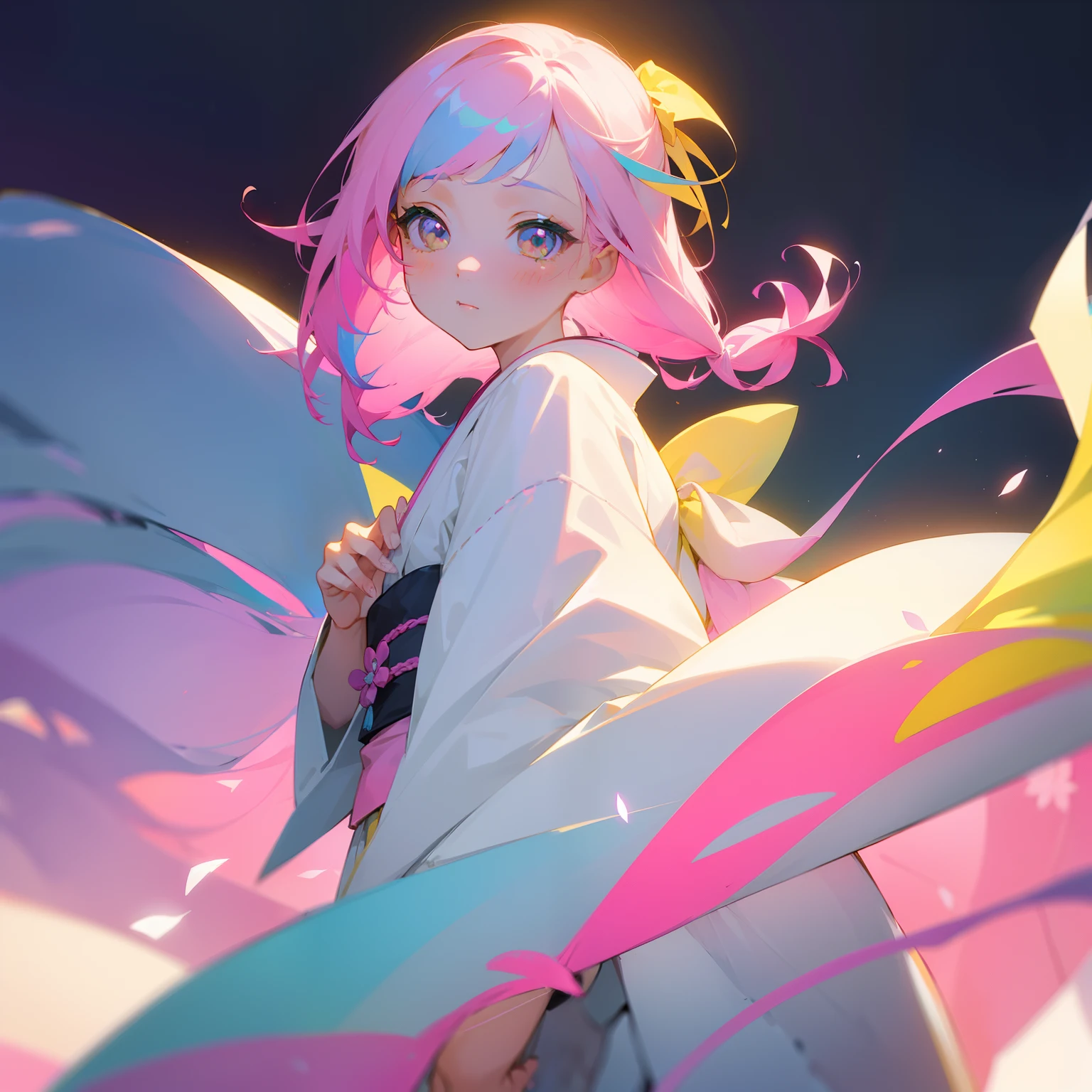 (Beautifully Aesthetic:1.2)、(1girl in:1.3)、(Colorful hair with white and pink and yellow:1.2)、Wearing a colorful white kimono、Thanks、faithful、tenderness, sacredness、Beautiful fece、