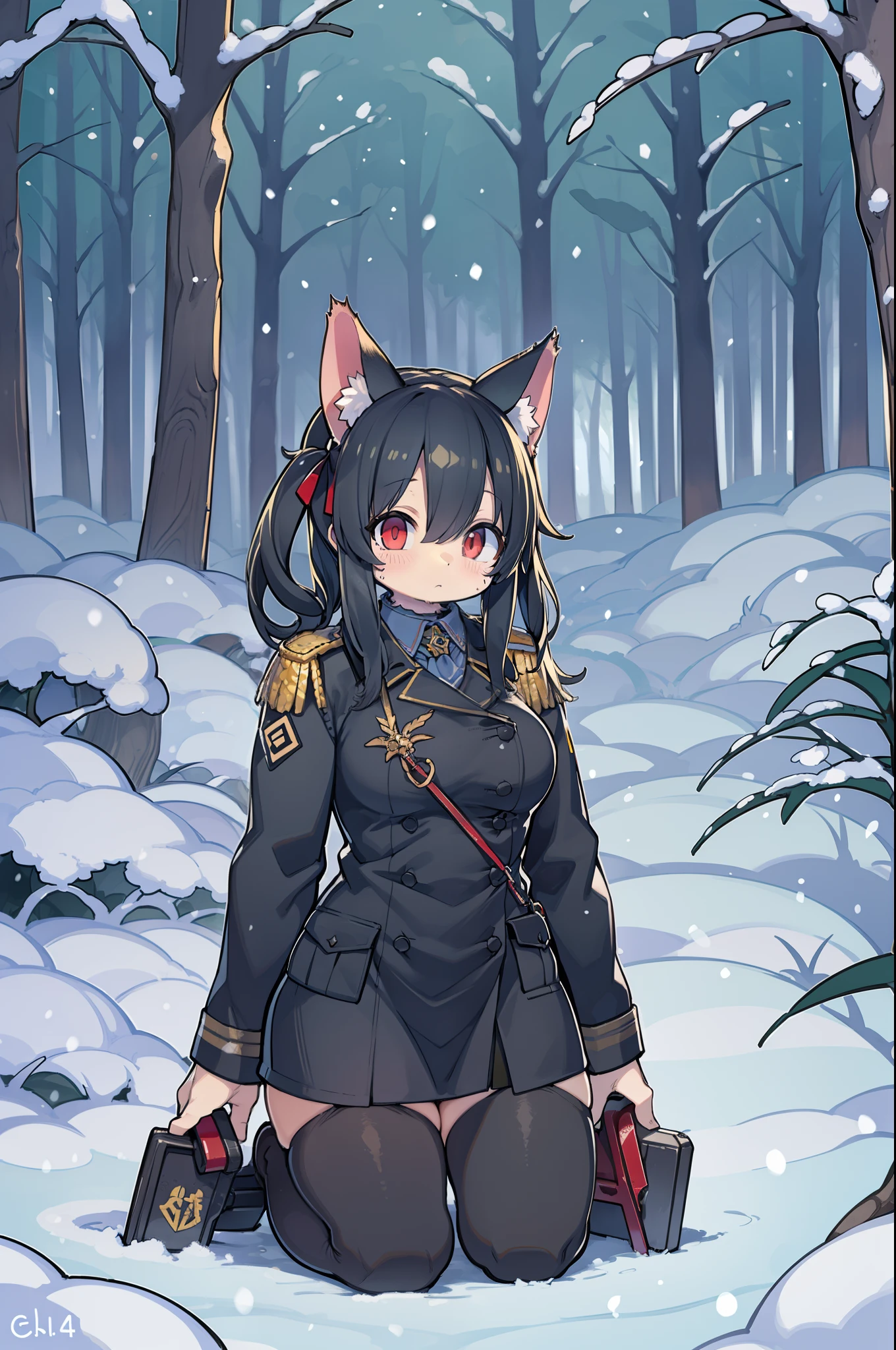 snowy forest, Black hair, Cat ears, Cat Girl, Red Eyes, Kneeling, Nazi officer uniform, Nazi, Germany, Black Officer Uniform