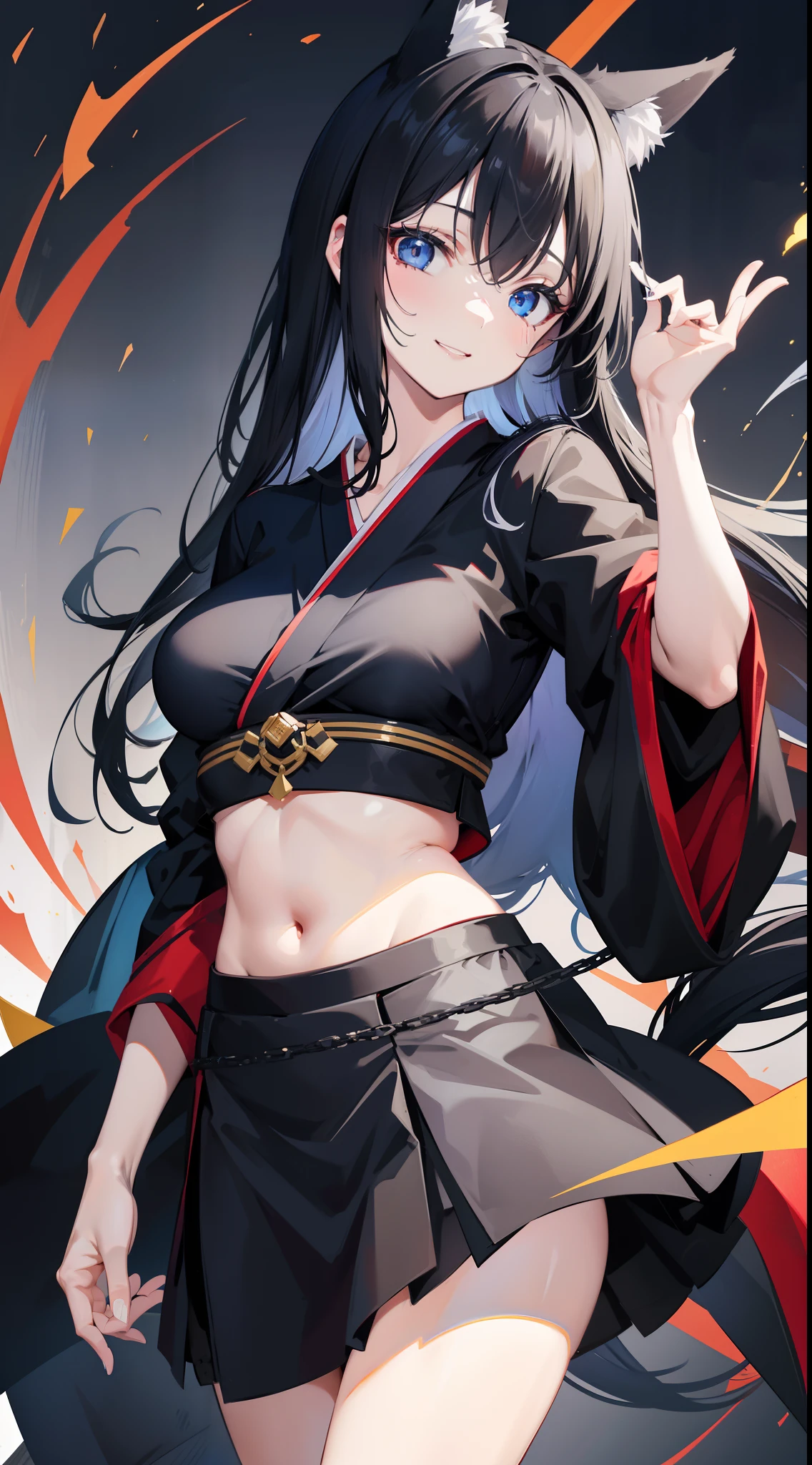 adult girl, Long black hair, Fox ears, blue eyes, black kimono, briefs, open breasts, Smile, tooth, Masterpiece, hiquality