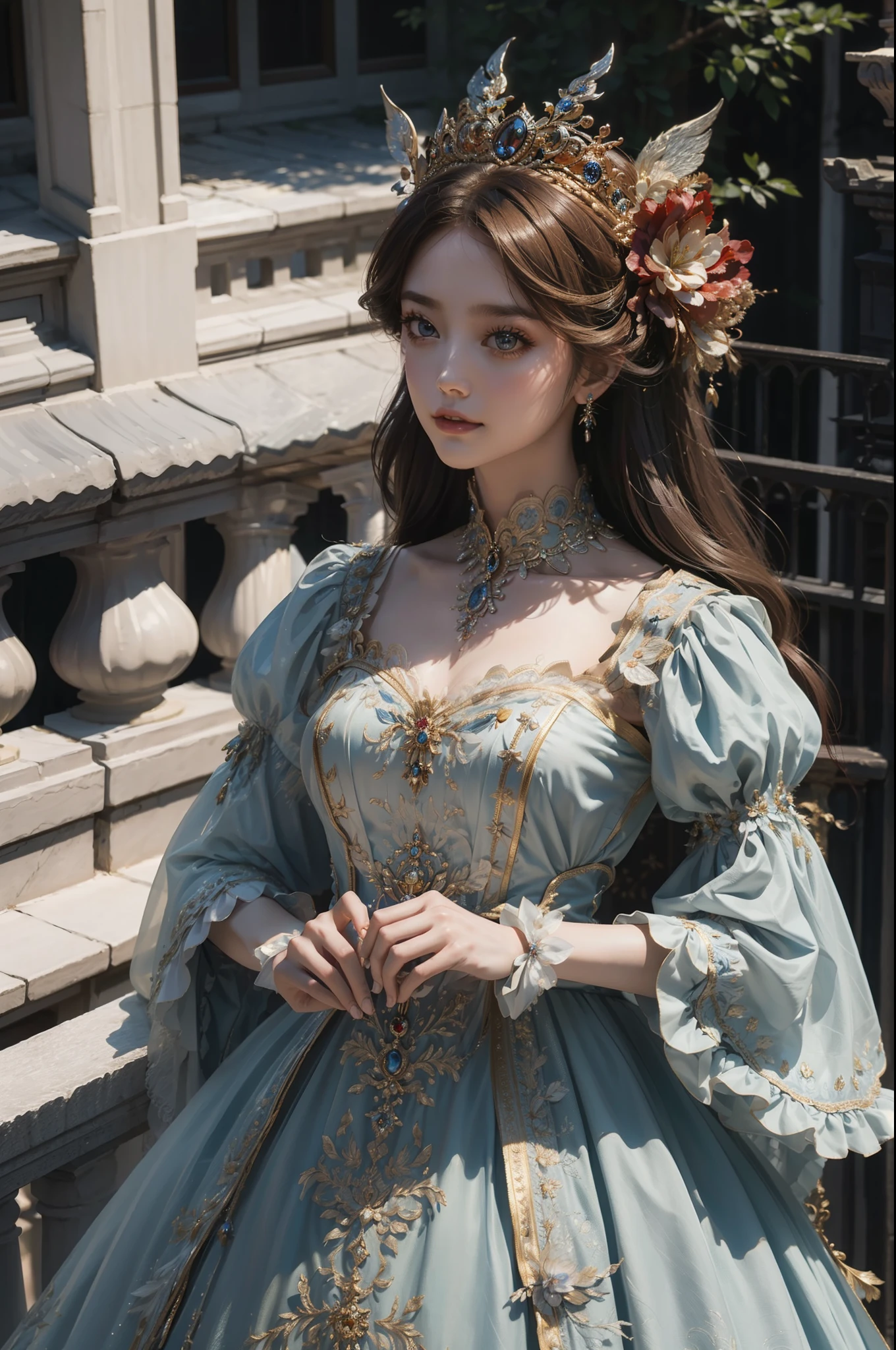 ((top-quality、​masterpiece、photographrealistic:1.4、8K))、1 beautiful detailed girl、extremely detailed eye and face、beatiful detailed eyes、（Complex luxury red dress in the style of medieval Europe、Gorgeous brimmed hat in medieval European style）、Luxury accessories、Elegant smile、natta（Depict a scene of a princess standing on the balcony of a castle。Hair swaying in the wind and a dress complement her noble vibe。）、Cinematic lighting、Textured skin、Super Detail、high detailing、High quality、hight resolution、（looking at the viewers）、Petals flutter