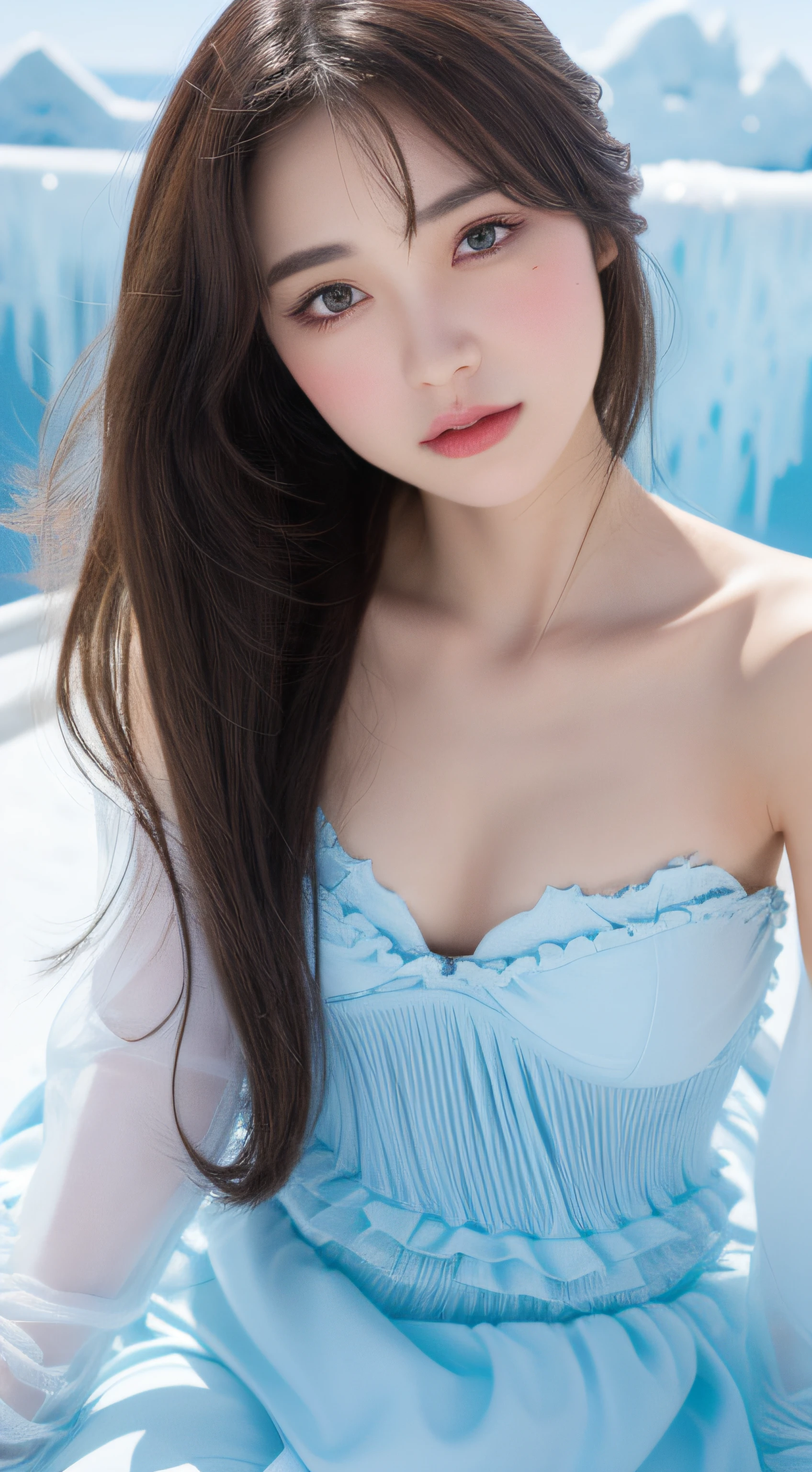 super fine illustration, an extremely cute and beautiful girl with perfect figure, underwear,highly detailed beautiful face and eyes, look at viewer, cowboy shot, beautiful long hair, solo, dynamic angle, beautiful detailed ice dress with frill, ice castle in background