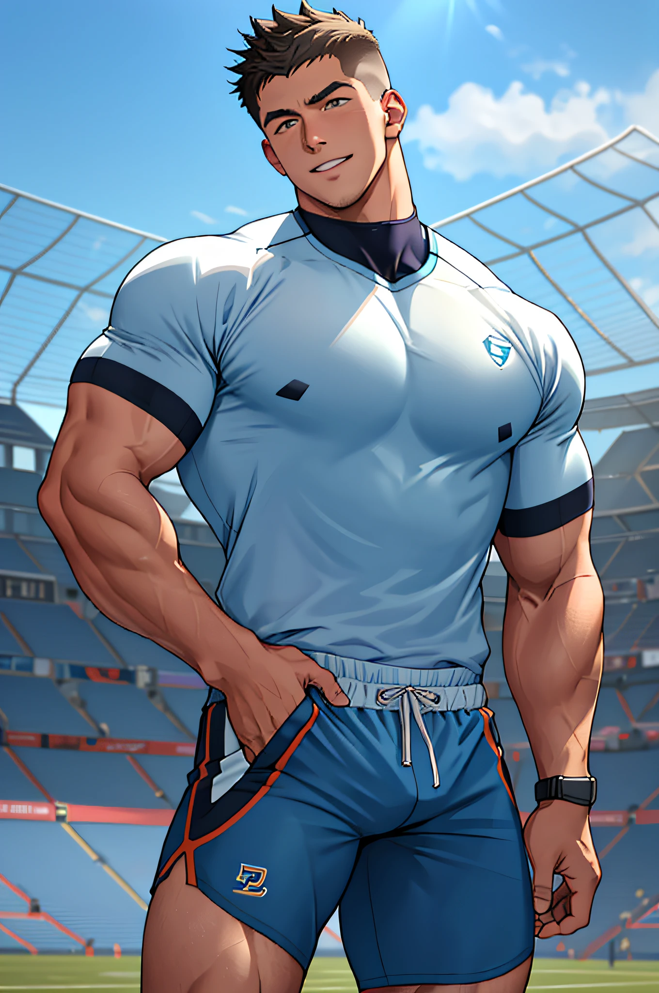 1 man, smile, (wearing white clothes, round neck, short sleeve football shirt.), Navy cargo pants, Korean guy , korean men, (High gloss details), chest muscles, Big arm muscles, blood vessel, big muscles, Broad shoulders, looking at the audience, Balancing the eyes, (Make eye contact), sports stadium, football