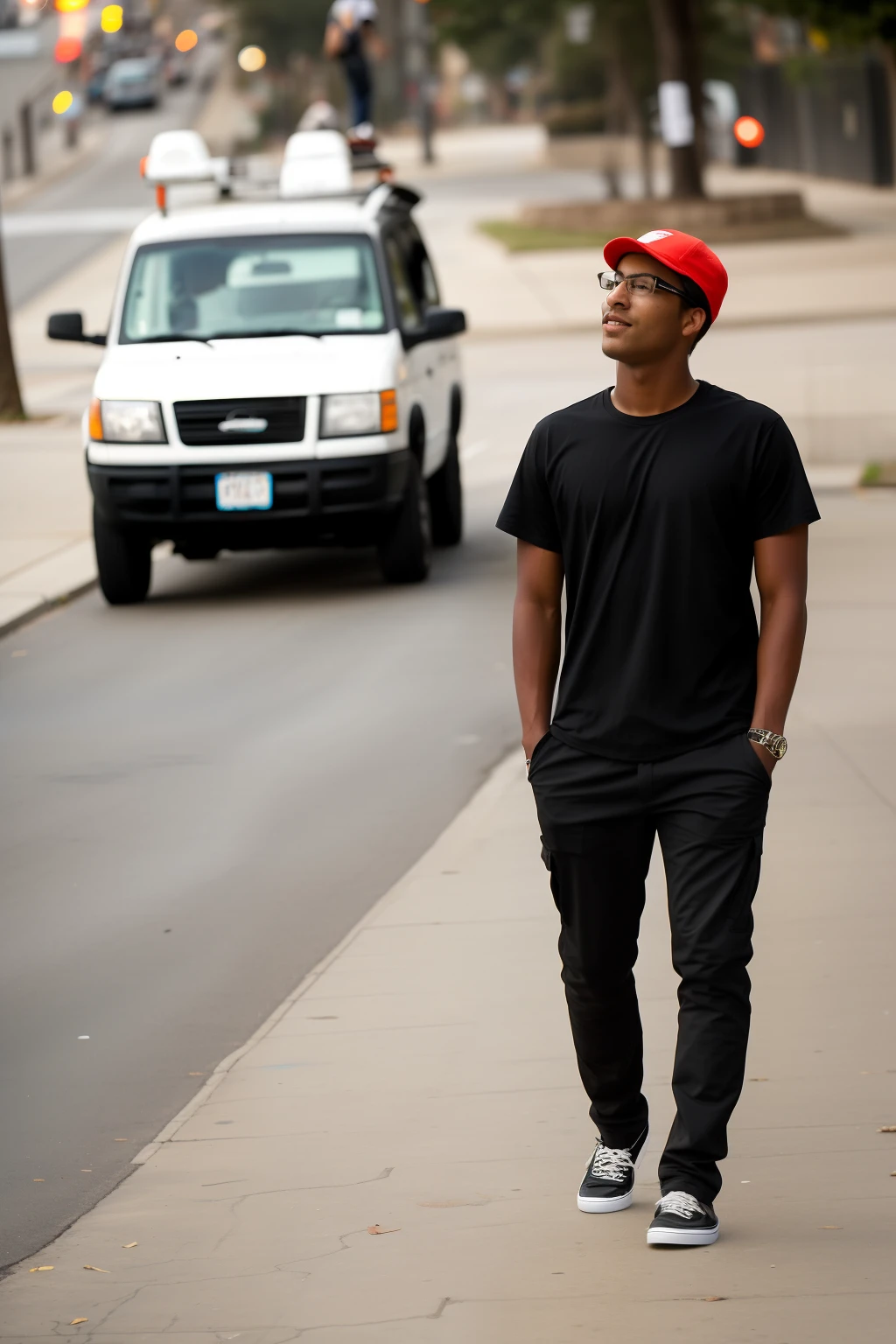 arafed man standing on a sidewalk with a skateboard in his hand, standing in street, wearing pants and a t-shirt, young man with short, standing in the street, wearing a black t-shirt, standing on the street, standing in a city street, standing in road, wearing a black tshirt, wearing cargo pants, thin young male