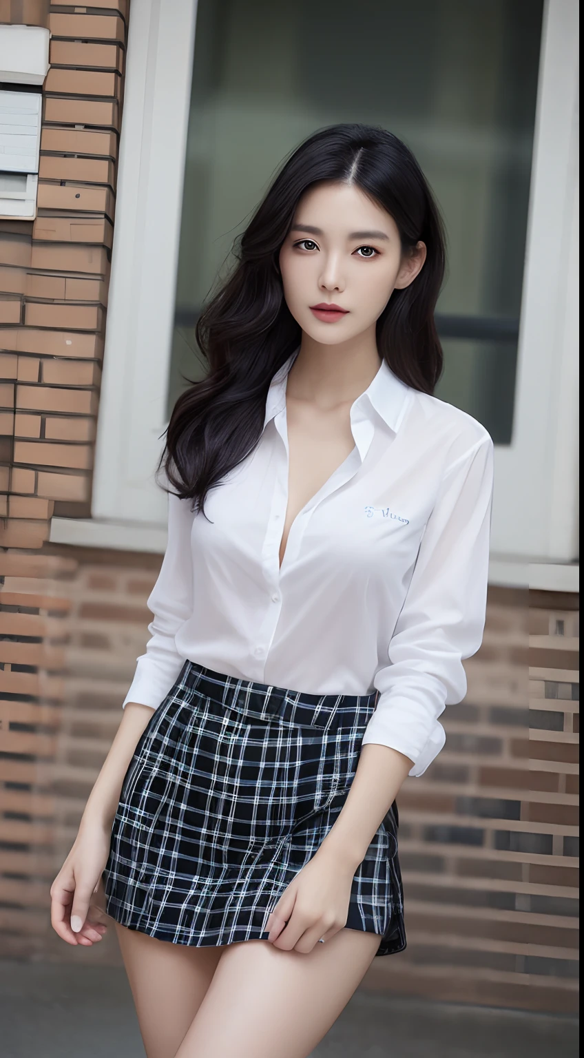 ((Top quality, 8K, Masterpiece: 1.3)), Clear focus: 1.2, Beautiful Women with Perfect Style: 1.4, Slender abs: 1.2, ((Black color hair, Large breasts: 1.2)), The good-looking plaid shirt is transparent (button up: 1.1), street: 1.2, Highly detailed face and skin texture, Detailed eyes，Reveals breast see-through，Pure and beautiful，perfect bodies，Long legs，age 22。