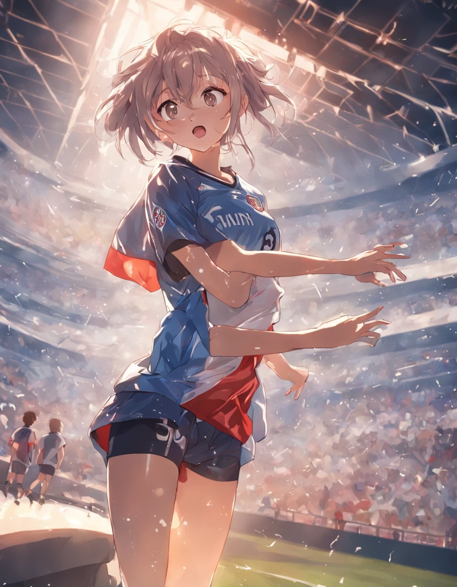 (8K, Raw photo, Best Quality, masutepiece:1.2), (Realistic, Photorealsitic:1.37),1 girl,Cute, (Solo),A detailed face, Dramatic Angle, ,soccer Uniform,Look away,Sporty,shoot a soccerball,Wet skin,Sweat,Large breasts,Nice Legs, soccer venues ,