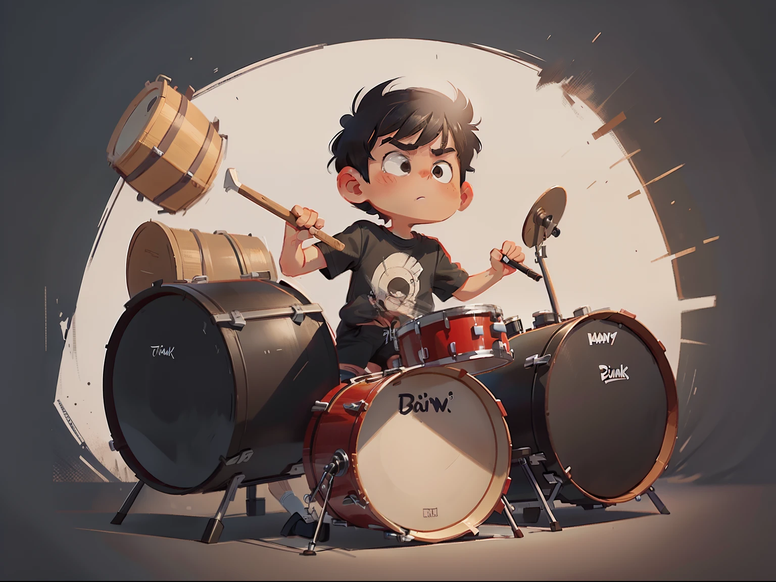 Cartoon comic style 7  boy with short black hair banging drum kit super big background