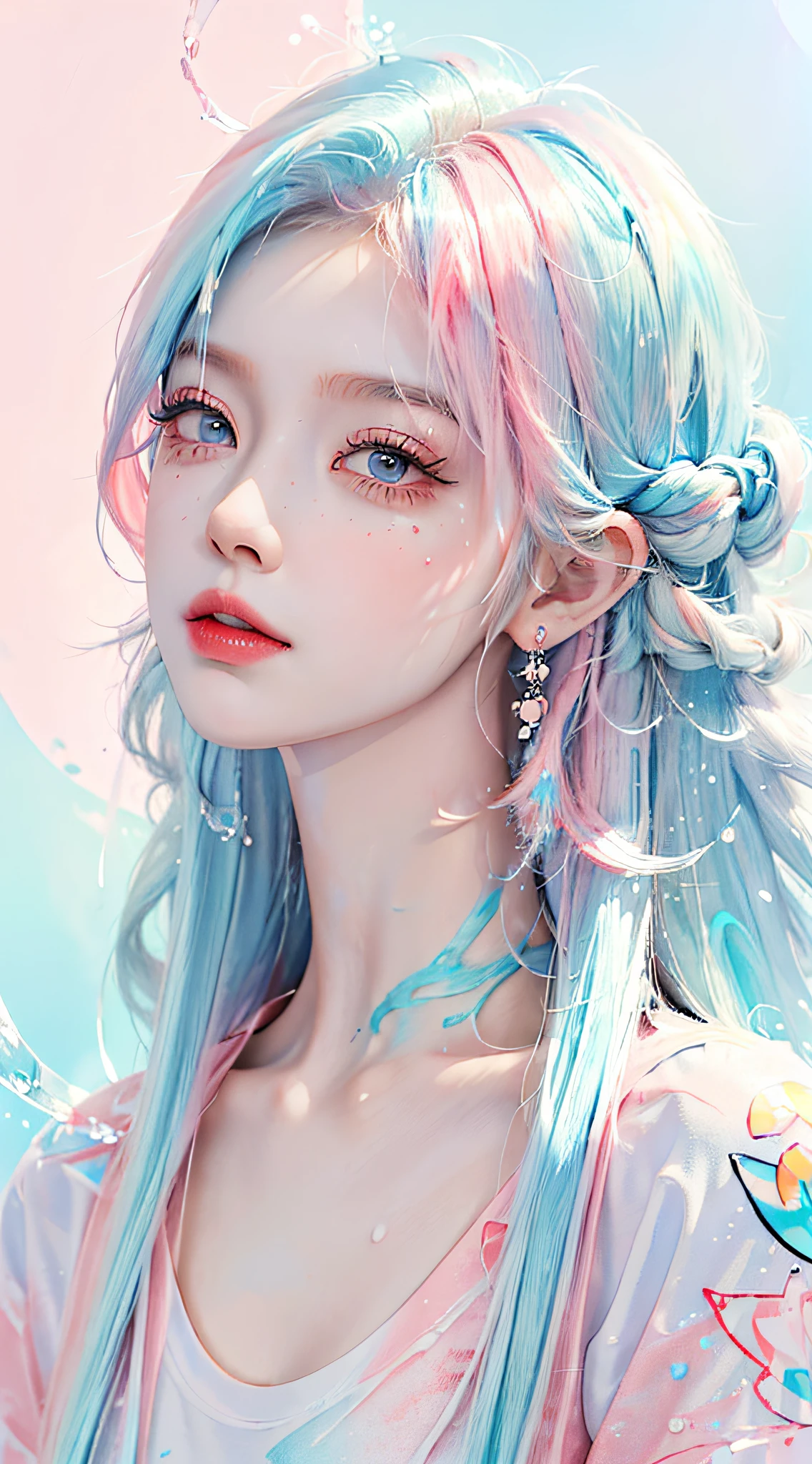 (Masterpiece, Best Quality, High Resolution), White Background, Acrylic Paint, ((Color Splash, Splash of Ink, Color Splash)), Sweet Chinese Girl, Long Light Blue Hair, [Light Blue|Pink] Hair, Curly Hair, Glitter, Peach Lips, White Shirt, Front, Upper Body