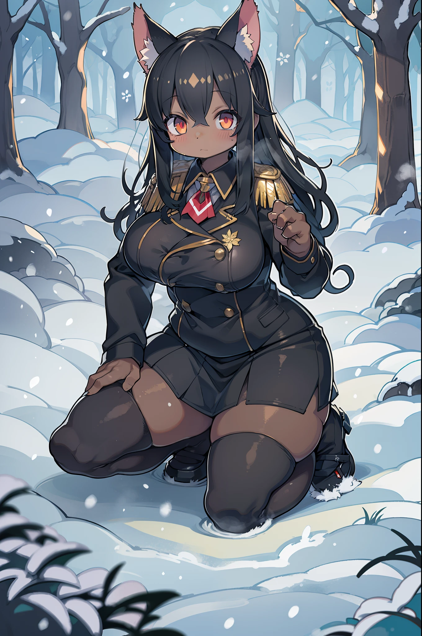 snowy forest, Black hair, Cat ears, Cat Girl,  Red Eyes, Kneeling, Nazi officer uniform, Nazi, Germany, Black Officer Uniform,huge-breasted
