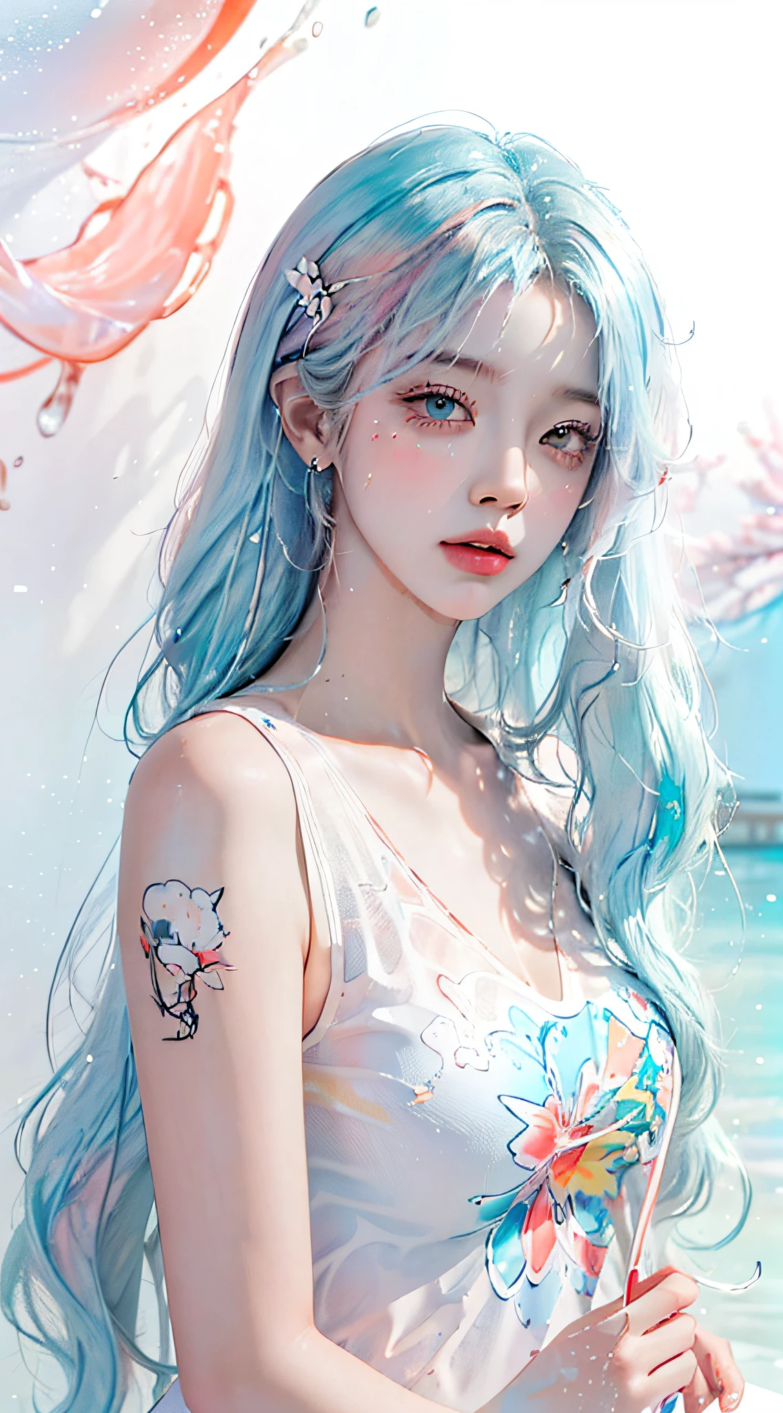 beauty with blue hair and flowers floating in water, beautiful beauty, beautiful digital illustration, beautiful artwork illustration, beautiful digital artwork, beautiful gorgeous digital art, beautiful digital art, asian female water element, gorgeous digital art, very beautiful digital art, close up fantasy with water magic, beautiful fantasy art, beautiful digital painting, beautiful digital illustration, gorgeous digital painting