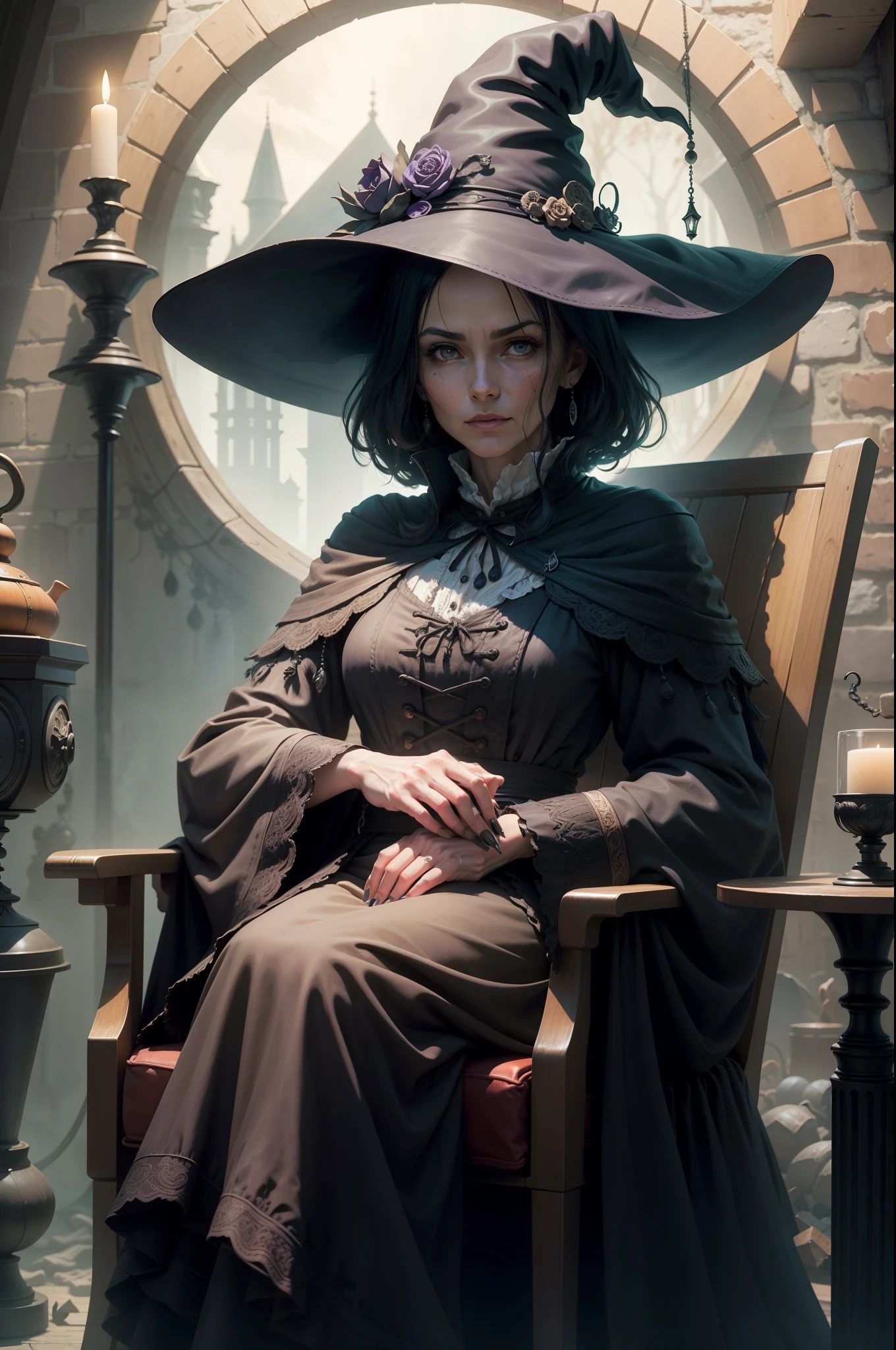 An old witch sitting in a calddirao chair in the background and she's holding a sonyster crow