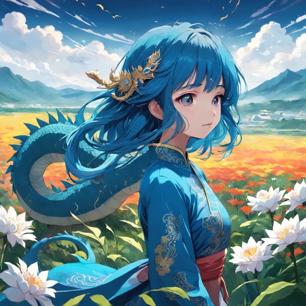 girl, blue hair, flower field, dragon, Vietnamese ao dai,