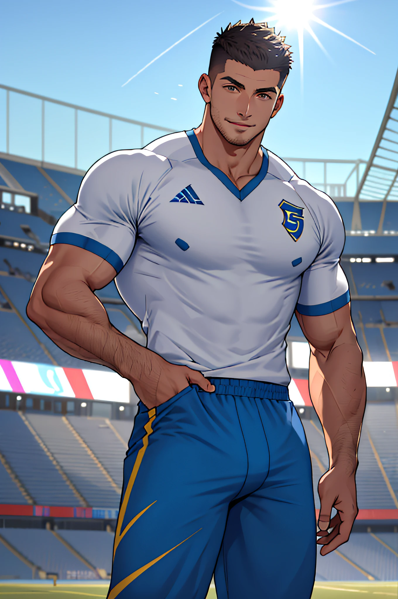 Draw a full-fledged athlete，Stand on the central field of the gym，He wears high-end sportswear，The man looks confident and determined，rays of sunshine，cheerful big breasts，Handsome，Crew cut，full bodyesbian，shooting from below，