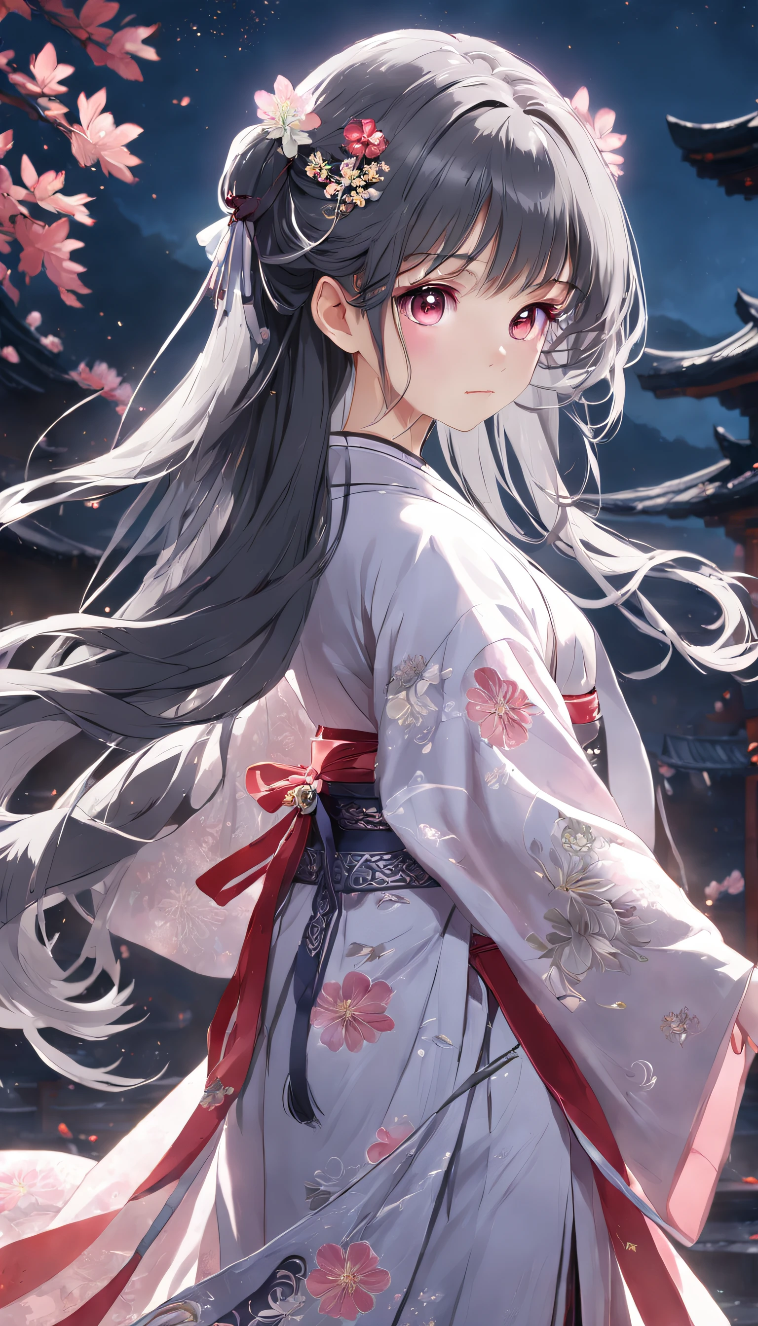 (:1.5),Lace,ribbon,Hanfu,(Masterpiece, side-lighting, Beautiful gray eyes,The details are meticulous: 1.2), Masterpiece, Realistic, Glowing eyes,Shiny hair,Black hair,long whitr hair, Glossy glossy skin, Solo, embarressed,No shoulder strap,Exquisite,prettify,sonoko,Flowers,flying petal,