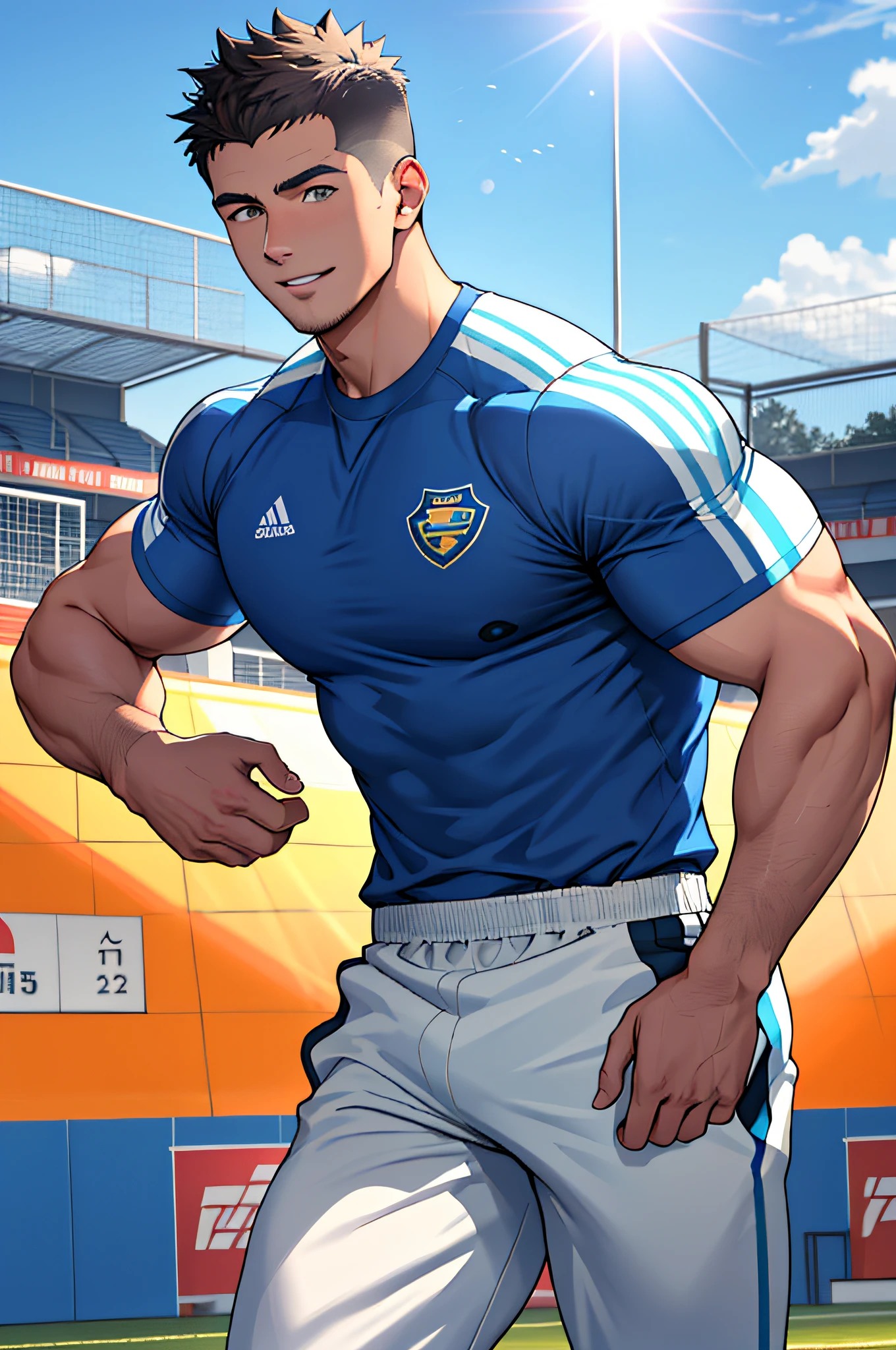 Draw a full-fledged athlete，Stand on the central field of the gym，He wears high-end sportswear，The man looks confident and determined，rays of sunshine，cheerful big breasts，Handsome，Crew cut，full bodyesbian，shooting from below，