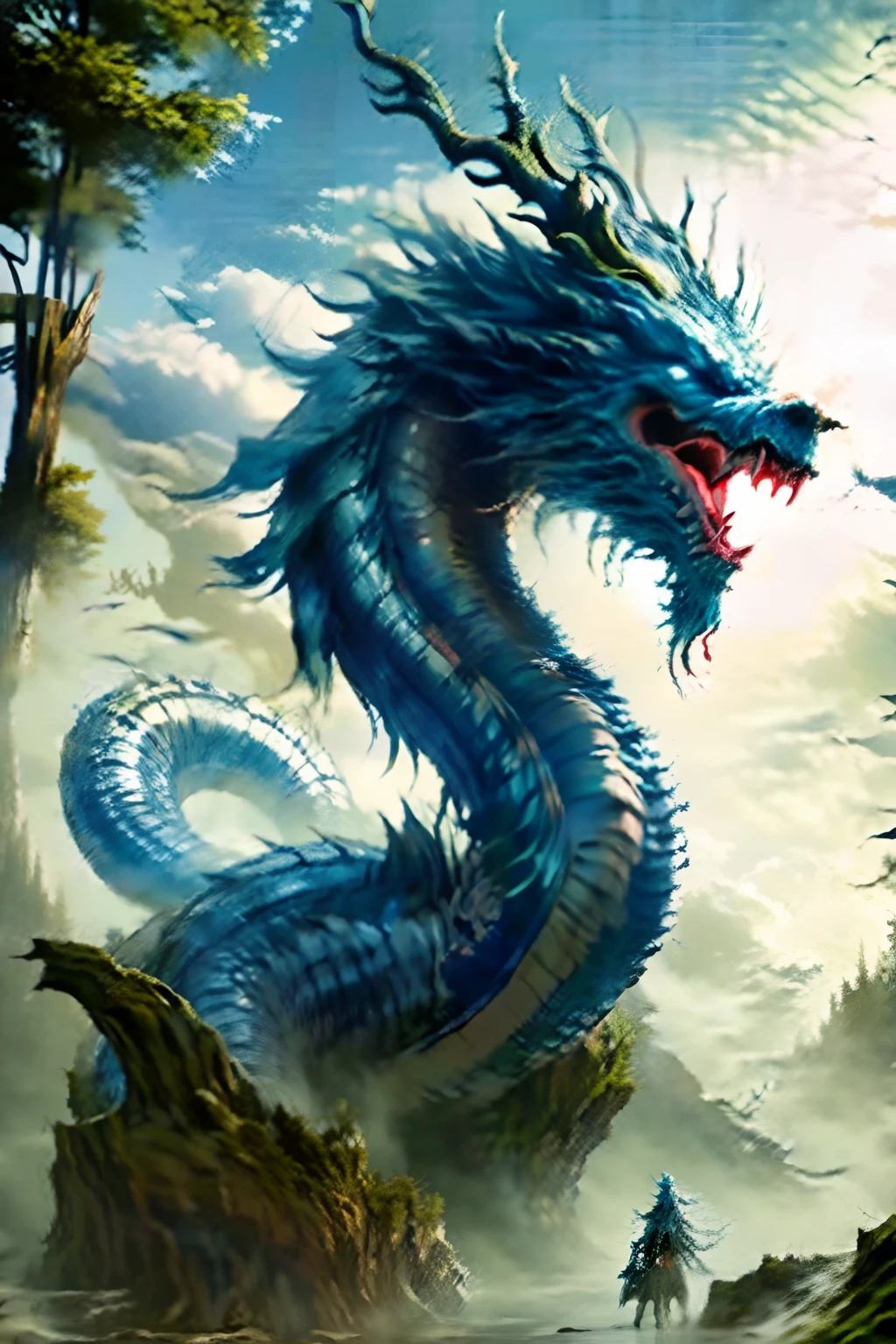 Best quality,masterpiece,ultra high res,nu no humans, (long:1.2),tree, teeth, sharp teeth, blue eyes, cloud, outdoors, 1other, fantasy, horns, sky, fog, open mouth, monster, scenery