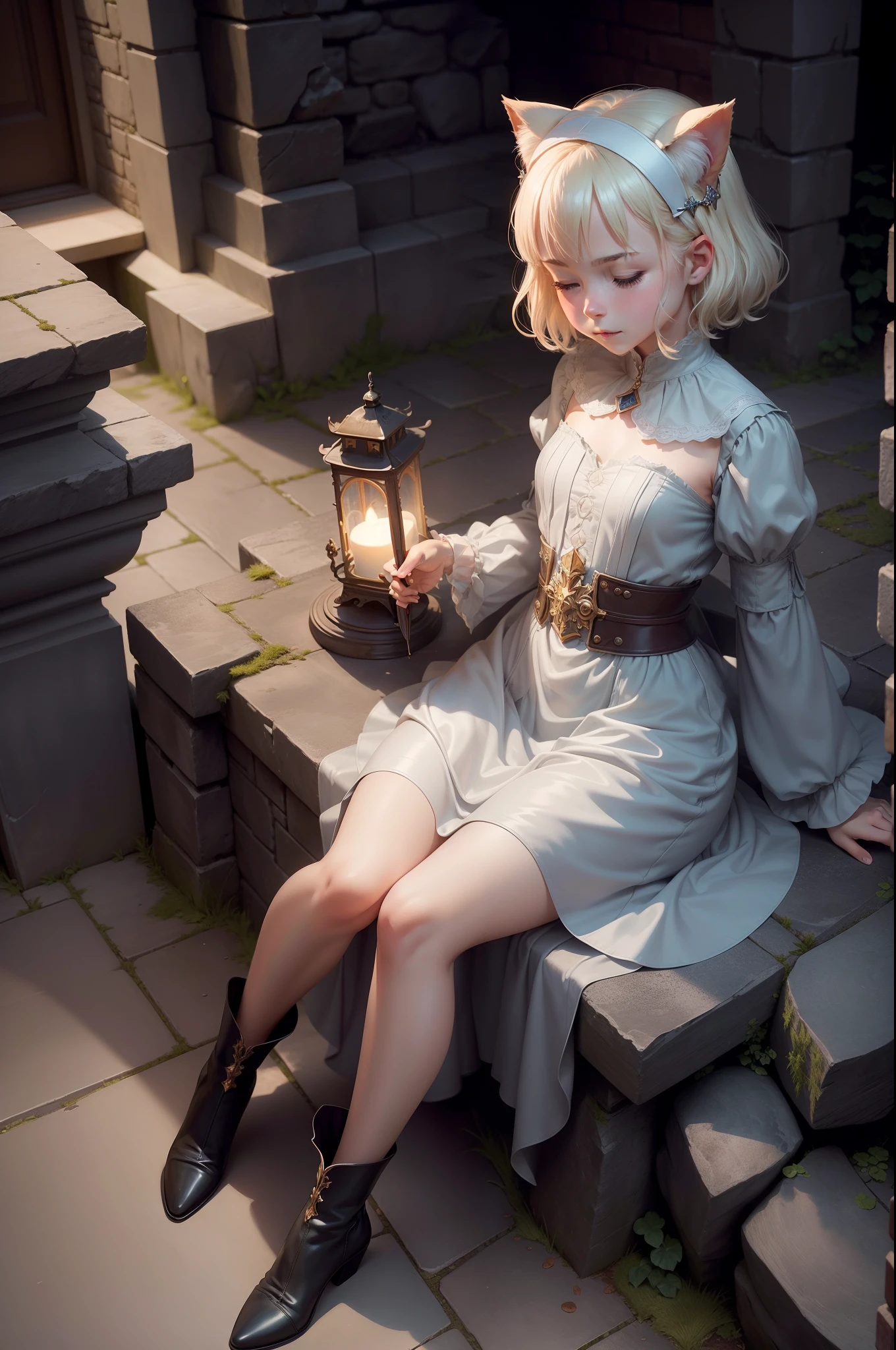 Top image quality、masterpiece、Leyendecker's style、Fantasy 3D、The underground maze of the old castle、Nordic beautiful girl、Eyes closed、Smirking expression、Pretty small face、Light makeup、Two cat ears on the head、Platinum blonde short hair、tiny chest、short waist、Big ass、Sit in a crumbling stone walkway、alchemist、Full body like、She holds a magic wand in her right hand、Control the glowing ball with your left hand、Gothic dress with long sleeves、long skirt、Leather boots、The room at the end of the passage glows blue.、A faceless figure wearing a hood stands、holding lantern、There are many glowing spheres、rubble、thirds rule、Ultra-wide low-angle