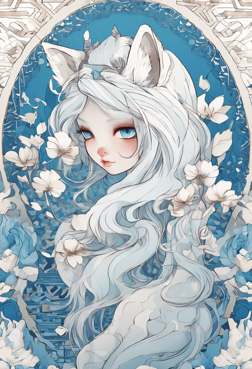 (White background:1.4),(The face of the girl's head, Eyes open, blue long hair,White fox ears，There are nine fluffy fox tails， Oriental elements)，(Chinese illustration:1.3，paper art:1.3, Quilted paper art:1.2),( reasonable design, Clear lines, High sharpness,Best quality, Very detailed, Masterpiece, movie light effect, 4K )