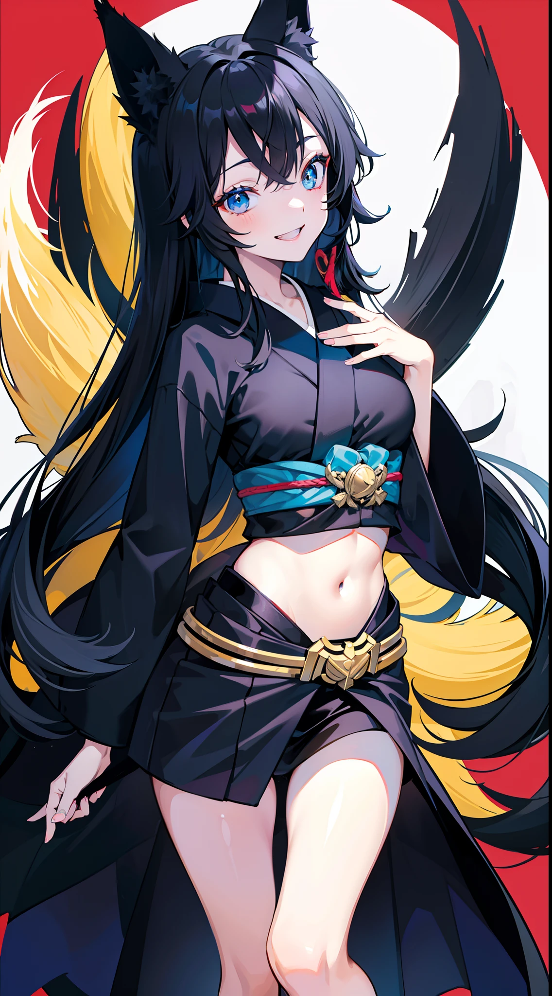 adult girl, Long black hair, Fox ears, blue eyes, black kimono, briefs, open breasts, Smile, tooth, Masterpiece, hiquality