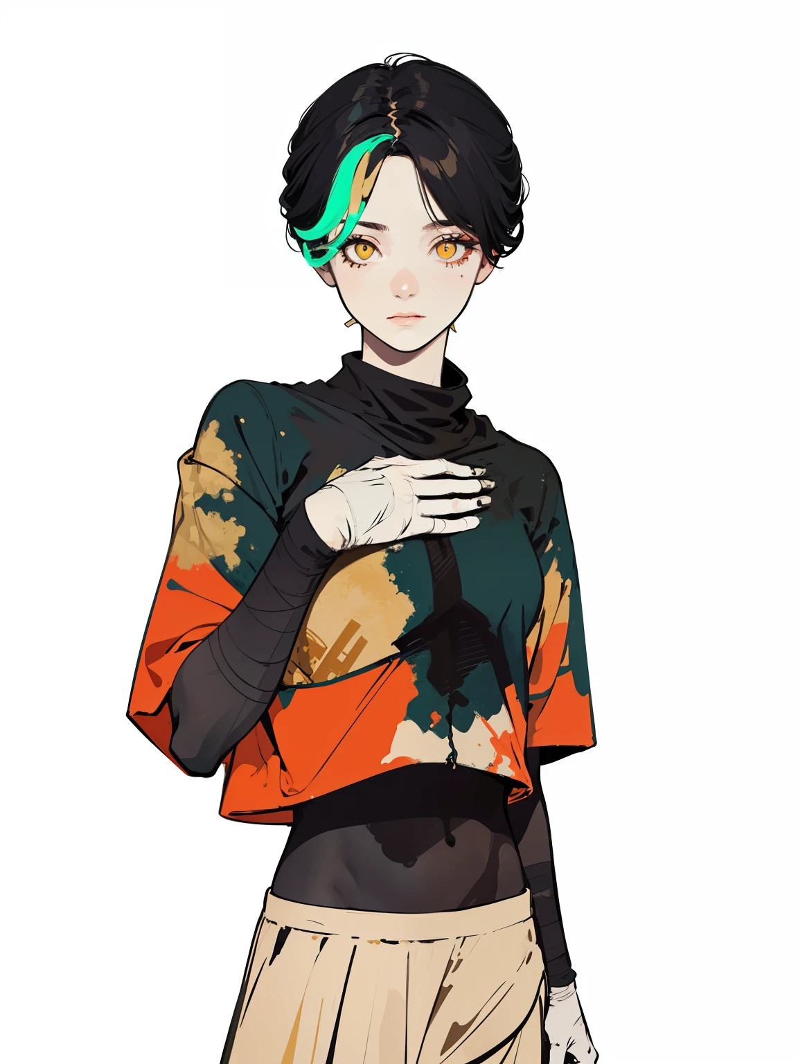 (flat color:1.4),1girl, solo focus, mummy, mummy custom, her hair in wrapped and concealed under bandages, only a few loose strands or wisps peeking out, pale hair, ashen hair color, air of mystery, glowing eyes, ethereal eyes, yellow eyes, eerie yellow, almond eyes, elongated eyes, thin eyebrows, wispy eyebrows, covered lips under bandages, adorned in tattered, beige-colored bandages that wrap around her body,Portray the mummy girl in a graceful and slightly haunting pose, ancient tomb, crumbling walls, hieroglyphs, muted tones, earthy tones, shades of brown, beige, and faded gold, soft lighting, diffused lighting, gentle shadows on the bandages, glowing symbols emanating from the mummy girl's body,