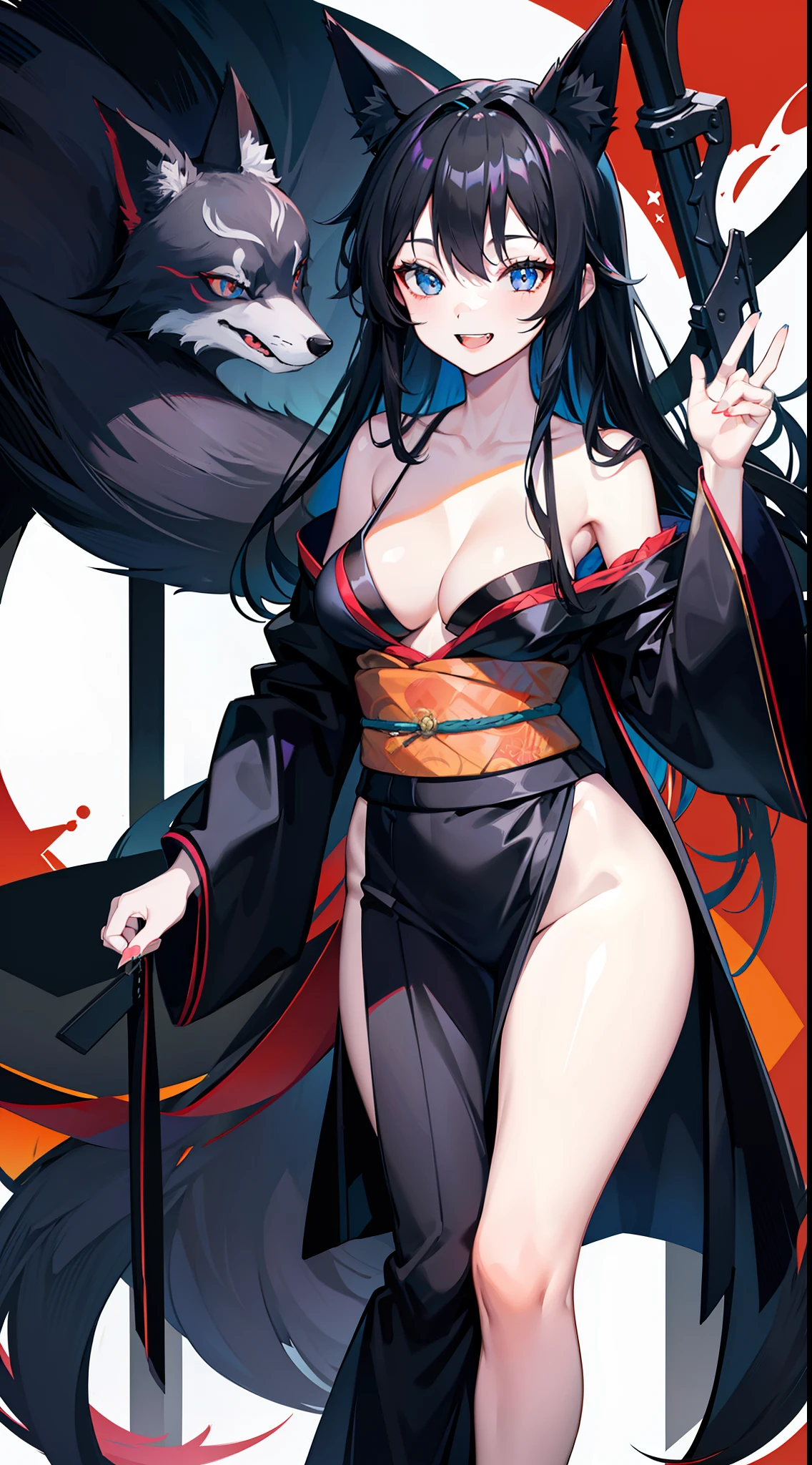 adult girl, Long black hair, Fox ears, blue eyes, black kimono, briefs, open breasts, Smile, tooth, Masterpiece, hiquality
