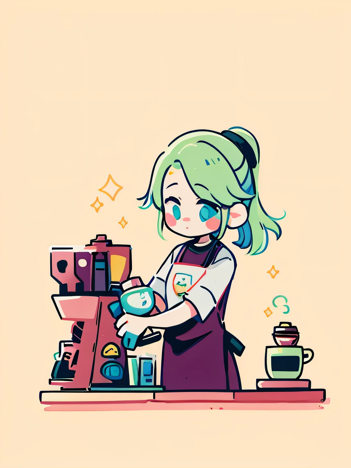 Cartoon girl Barry serves coffee at a coffee shop, mysterious coffee shop girl, Cooking, lofi-girl, Cafe, cafe shop, High-quality fanart, tatsumaki, pouring, ( Waitress ) Girl, 🪔 🎨;🌞🌄, Thanos as a Starbucks barista, loputyn and matcha, official fanart, lovely art style, author：Master of Han Chinese