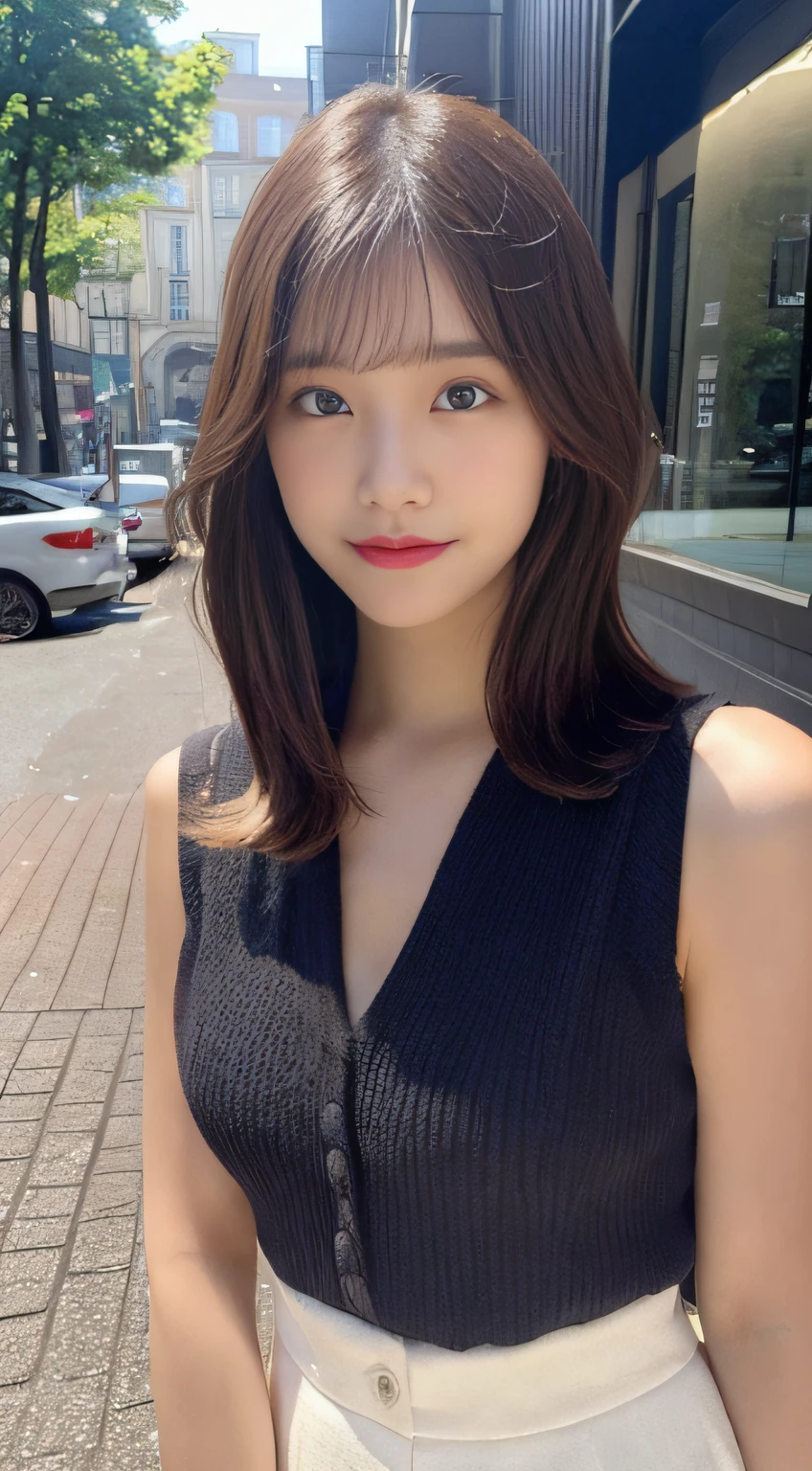 ((top-quality、8K、masterpiece:1.3))、foco nítido:1.2、Beautiful Women in Perfect Style:1.4、Slender Abs:1.2、((dark brown hair、a short bob、small tits:1.2))、(natural soft light、City Street:1.1)、(Front view View viewer:1.5)、Highly detailed facial and skin texture、A detailed eye、二重まぶた、Women's Ana Style Makeup、((Sleeveless 1.5、long skirt))、tits out