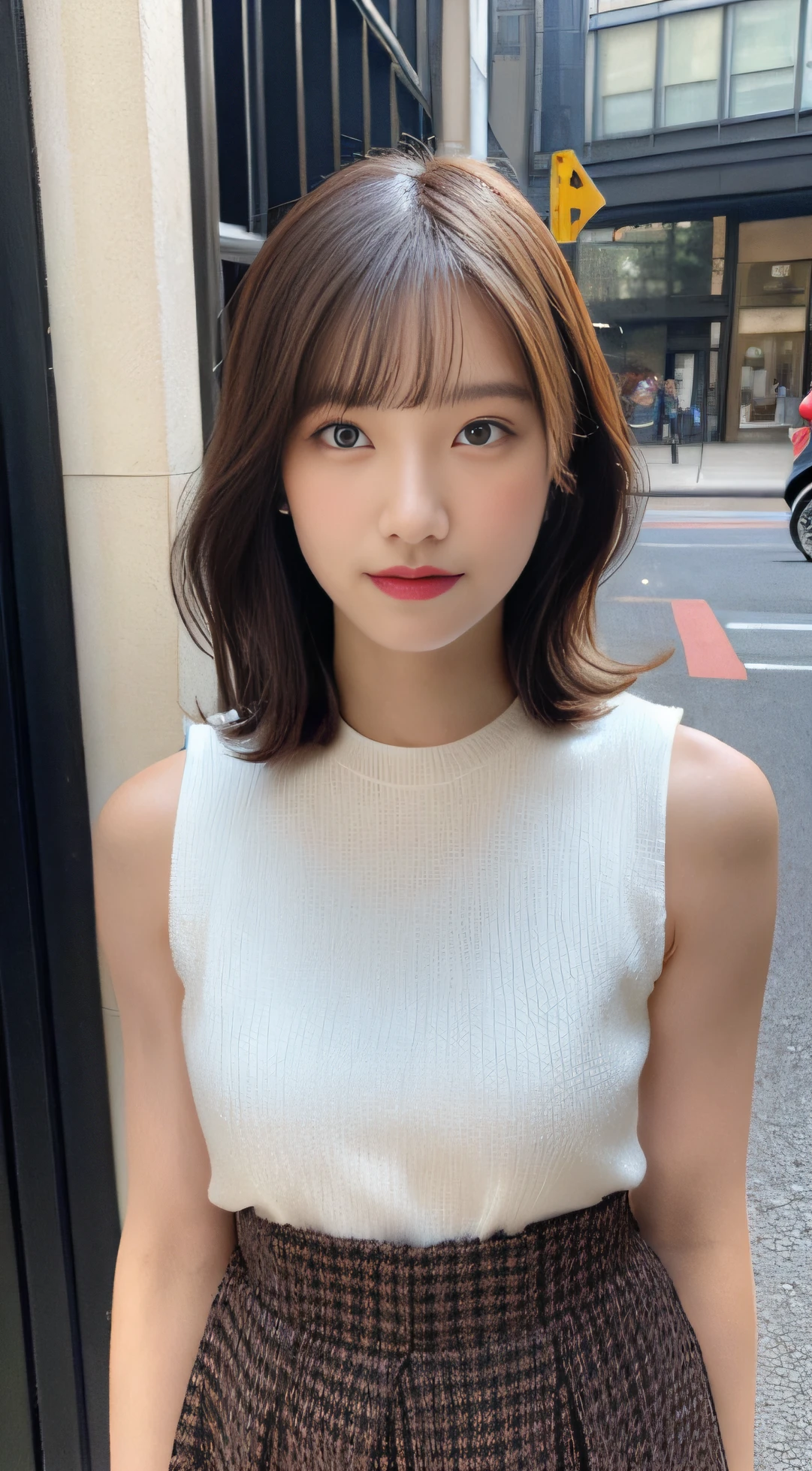 ((top-quality、8K、​masterpiece：1.3))、foco nítido：1.2、Beautiful Women in Perfect Style：1.4、Slender Abs：1.2、((dark brown hair、a short bob、small tits：1.2))、(natural soft light、City Street:1.1)、(Front view View viewer:1.5)、Highly detailed facial and skin texture、A detailed eye、二重まぶた、Women's Ana Style Makeup、((Sleeveless 1.5、long  skirt))、tits out