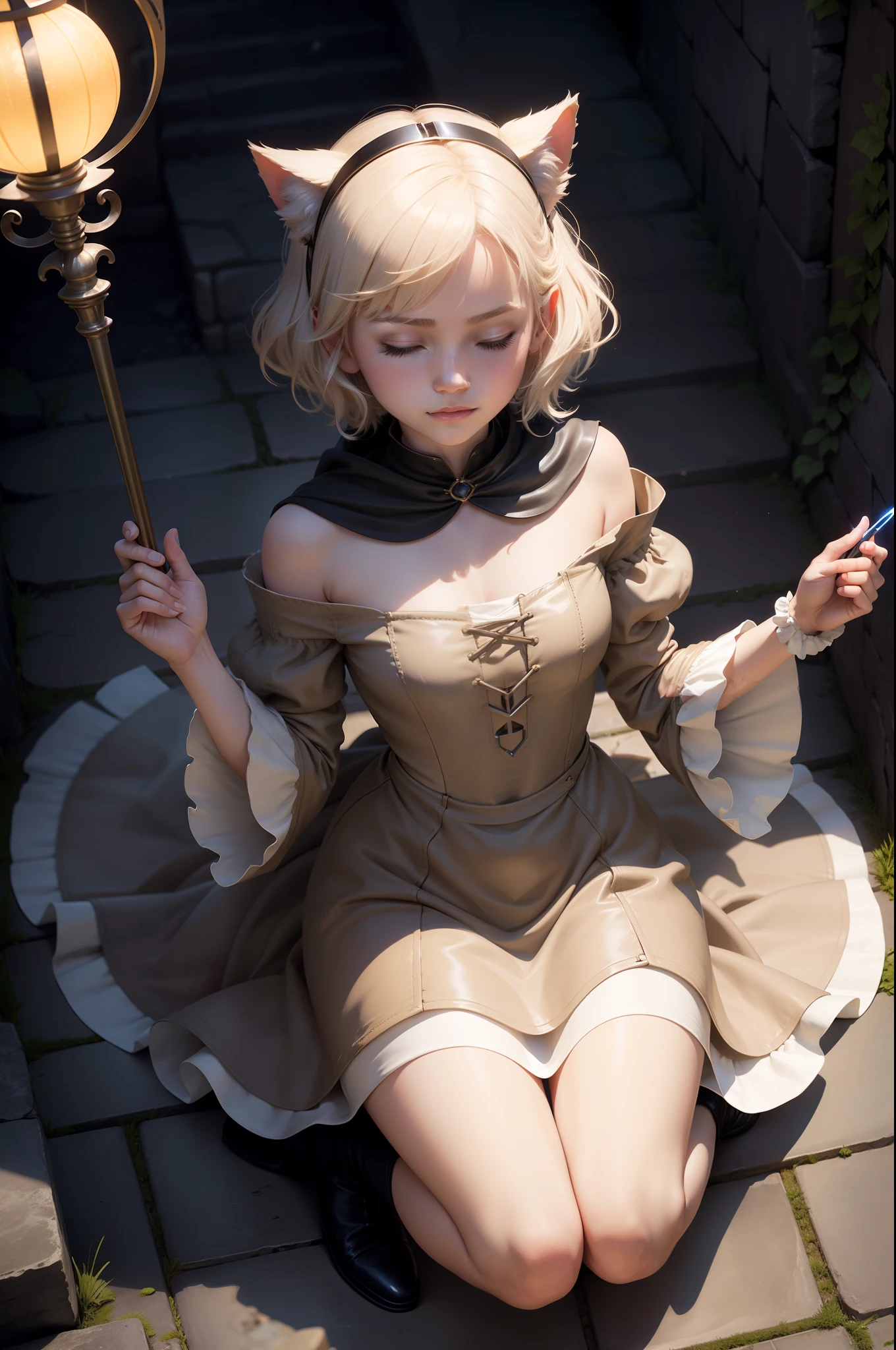 a white short hair, green eyes holdings dual blades, dress like a maid outfit, masculine, 1girl