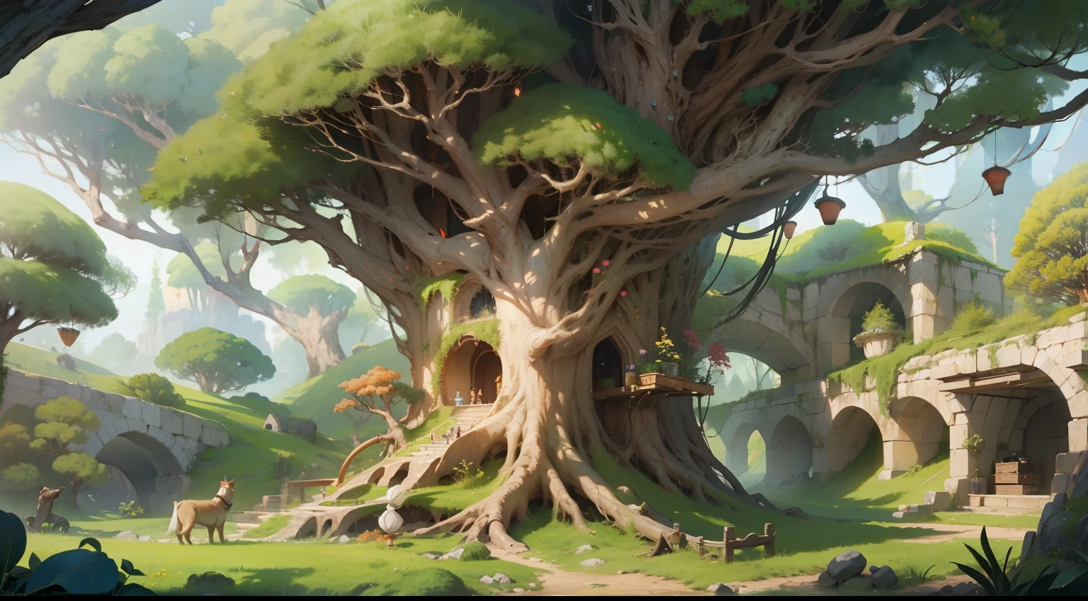 Terrain profile、Underground,undert an old tree,underground cave、roots exposed, The different rooms are neatly furnished,cartoonish style,(dream magical,Conceptual digital art,(The is very detailed,reasonable design,Clear lines,High clarity,The best quality,tmasterpiece,4K),