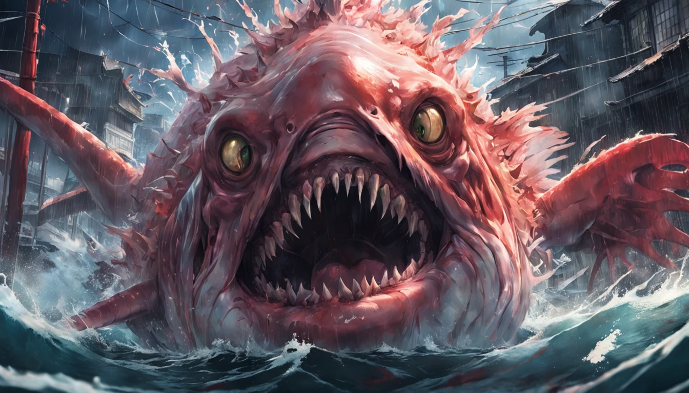 movie picture quality,Real Photographics,Hyper-realistic,scary movie lighting,(Fish monsters:1.5),Extremely large,blood vess,frotting,Murderous,Raging in the ocean of Tokyo, Japan,Destroyed buildings,Collapsed walls,fire glow,The frivolous clown kimono Japanese are on the run,depth of fields,high light,Real light,Ray traching,oc rendered,Hyper-realistic,best qualtiy,8K,Works of masters,super-fine,Detailed pubic hair,Correct anatomy,
