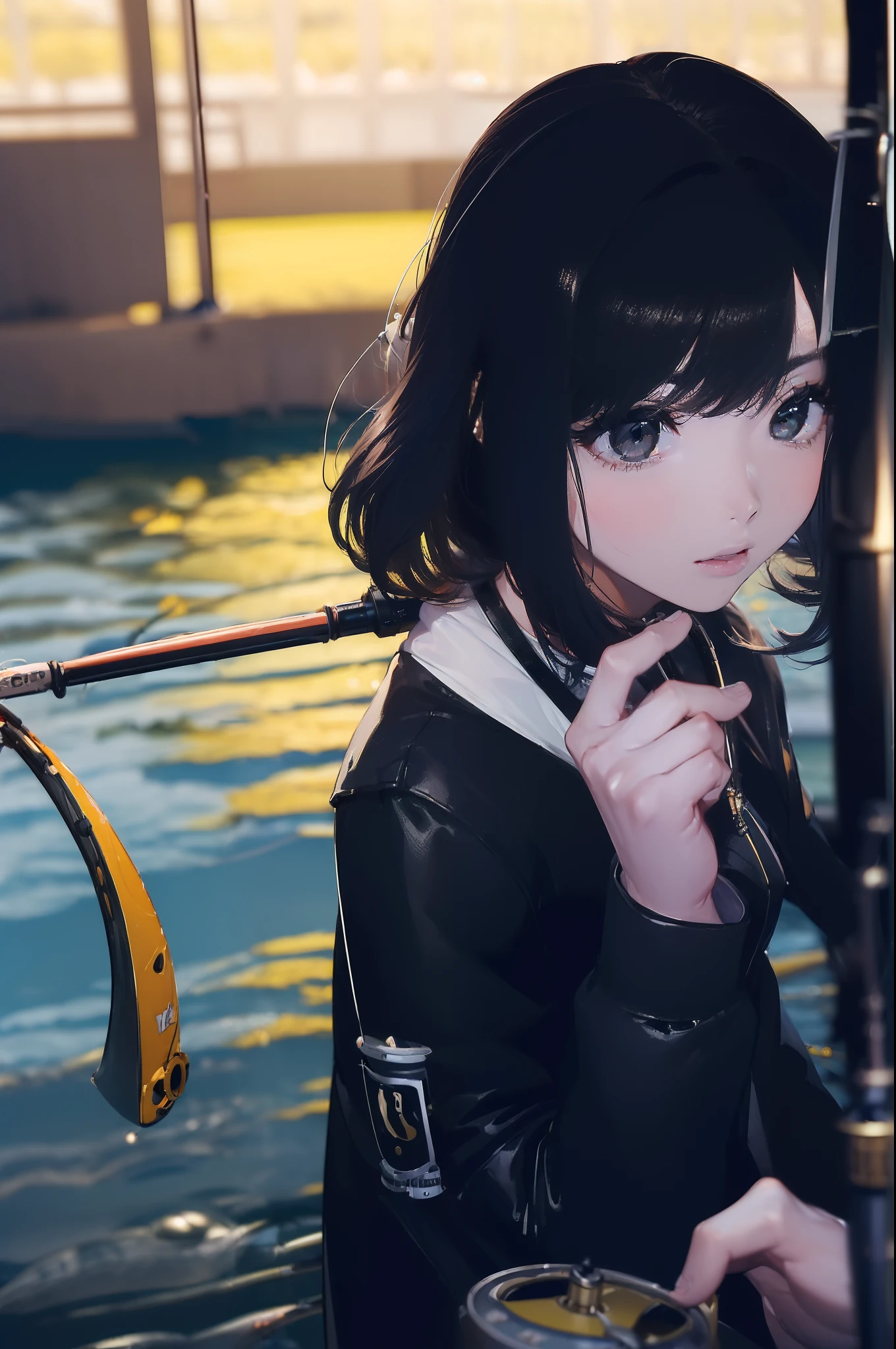 ((((having a fishing rod with a reel by the lakeside:1.5)))),((Female 28 years old)),((Best Quality:1.5)),(((Hands with the correct number and structure of fingers:1.4))),((Big fish:1.37)),hight resolution,ultra-detailliert,masterpiece,best qualtiy,(Eight-headed body),Black hair, long eyes-lashes, Solid Circle Eyes, drop shadow, Atmospheric perspective,Super Detail, ccurate, small brest,(Black jacket and black jeans :1.1),top-quality, blurry backround, bokeh dof:1.2, (masterpiece:1.3), Atmospheric perspective,Super Detail,dynamic compositions,