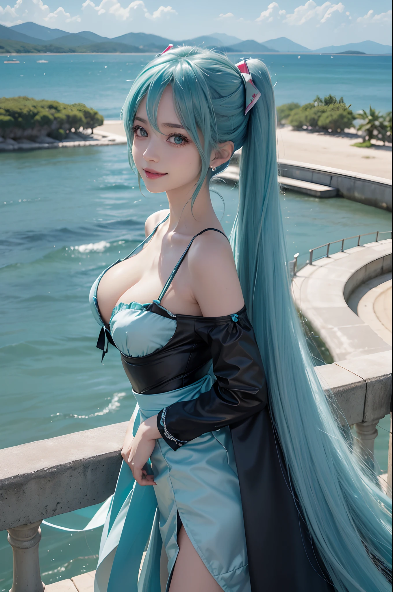 (Hatsune Miku character), Tosca hair color, Long two-tailed hair with ponies, Looking at the view, Eyes on the landscape, Smile 10 year old girl, Perfect body, Perfect anatomy, Tosca eye color, Double eyelids, Huge breasts, cleavage，Close-up shot
