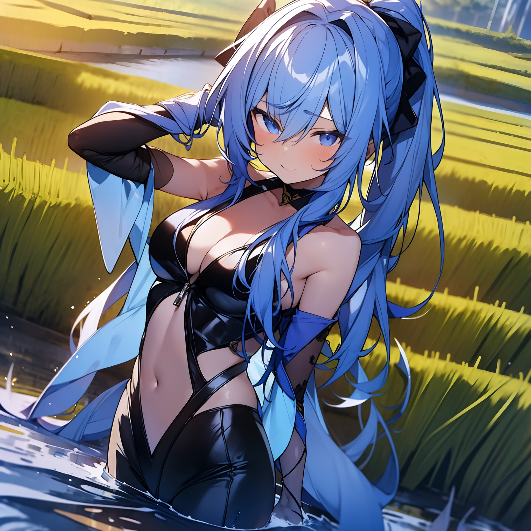 (Masterpiece) (Best quality) A spectacular image in front of the protagonist in a third-person image at a somewhat elevated angle. In a rice paddy a ninja woman with supernatural powers runs across the water with a small sword in each hand. She wears her very long hair pulled back in a ponytail with the curly locks flying behind her giving a beautiful sense of speed.