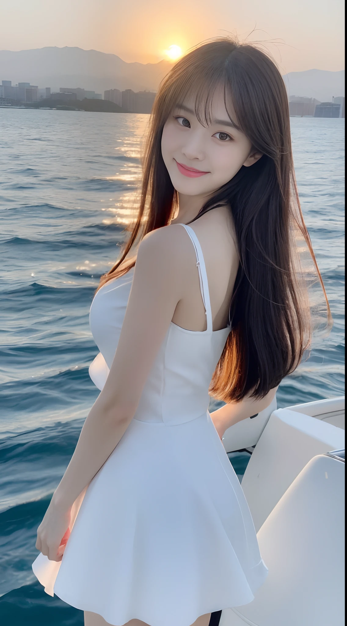 (1 Korean star with royal sister style), ((Best quality, 8K, 巨作: 1.3)), focal point: 1.2, Perfect body proportions: 1.4, (Make a smile), (Sunset: 1.3), Watery eyes, Highly Detailed Face and Skin Textur, Fine eyes, Double eyelids, Whitens the skin, (long whitr hair, Air bangs: 1.3), (Round face inches: 1.5), (White dress 1.4), black lence stockings(Sketch 1:2,)Stand on long legs (On a yacht at sea,The whole picture of the yacht,are standing,baiyun,suns,The scenery is exceptionally beautiful)looking down on the camera