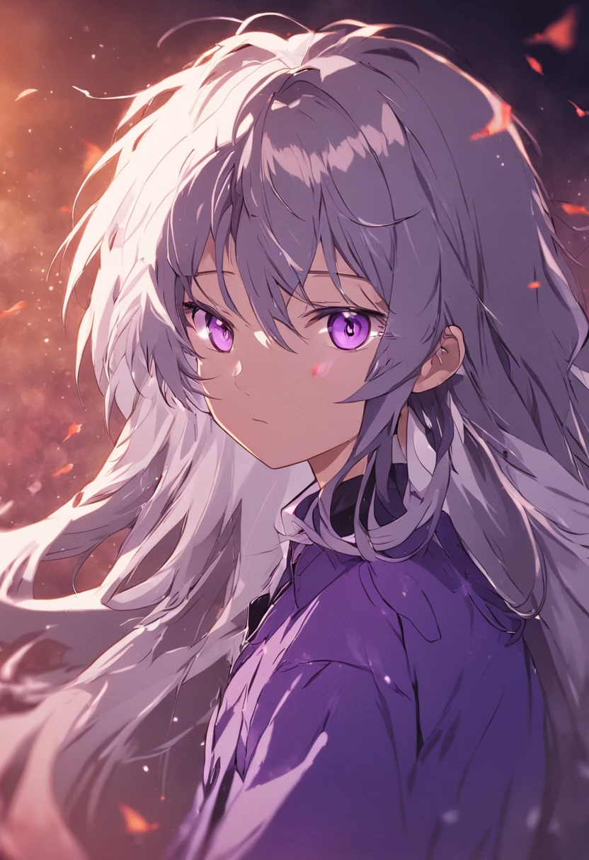 Boy with long gray hair wearing a cowboy shirt and purple eyes.