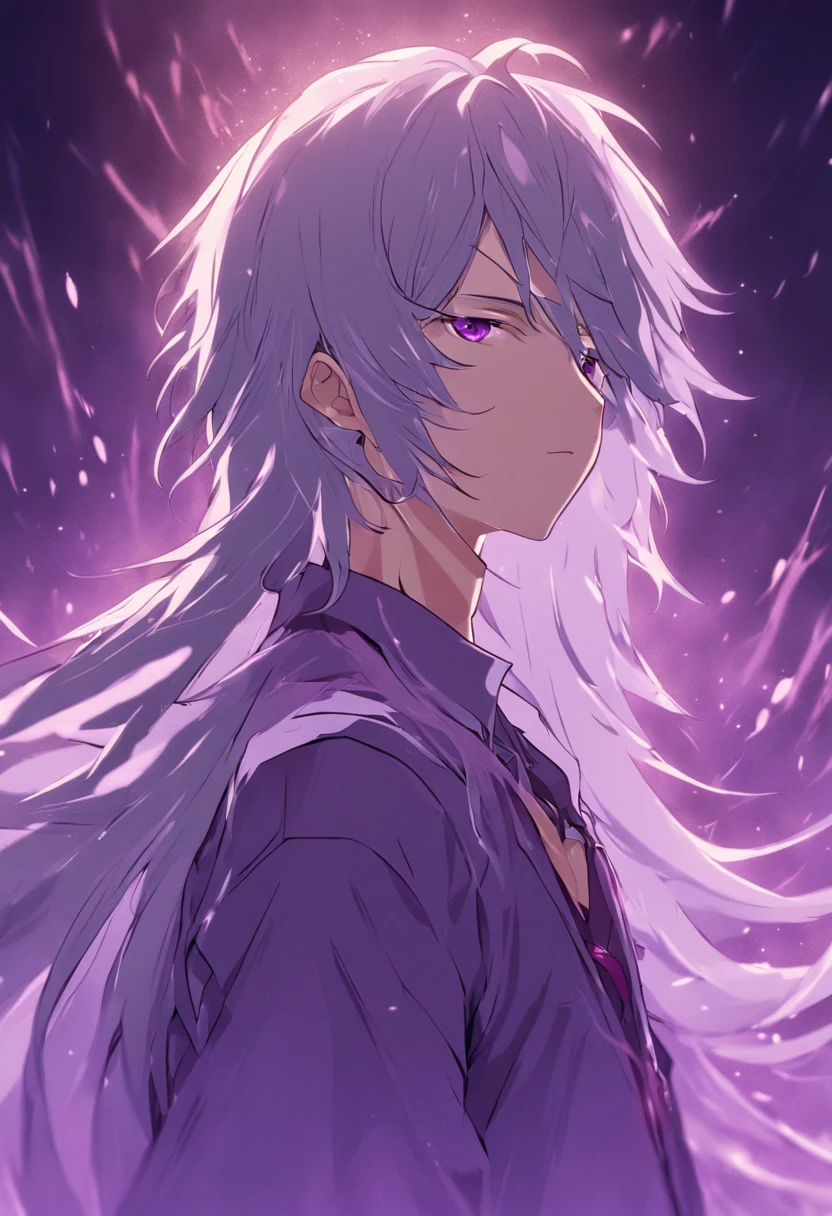 Boy with long gray hair wearing a cowboy shirt and purple eyes.