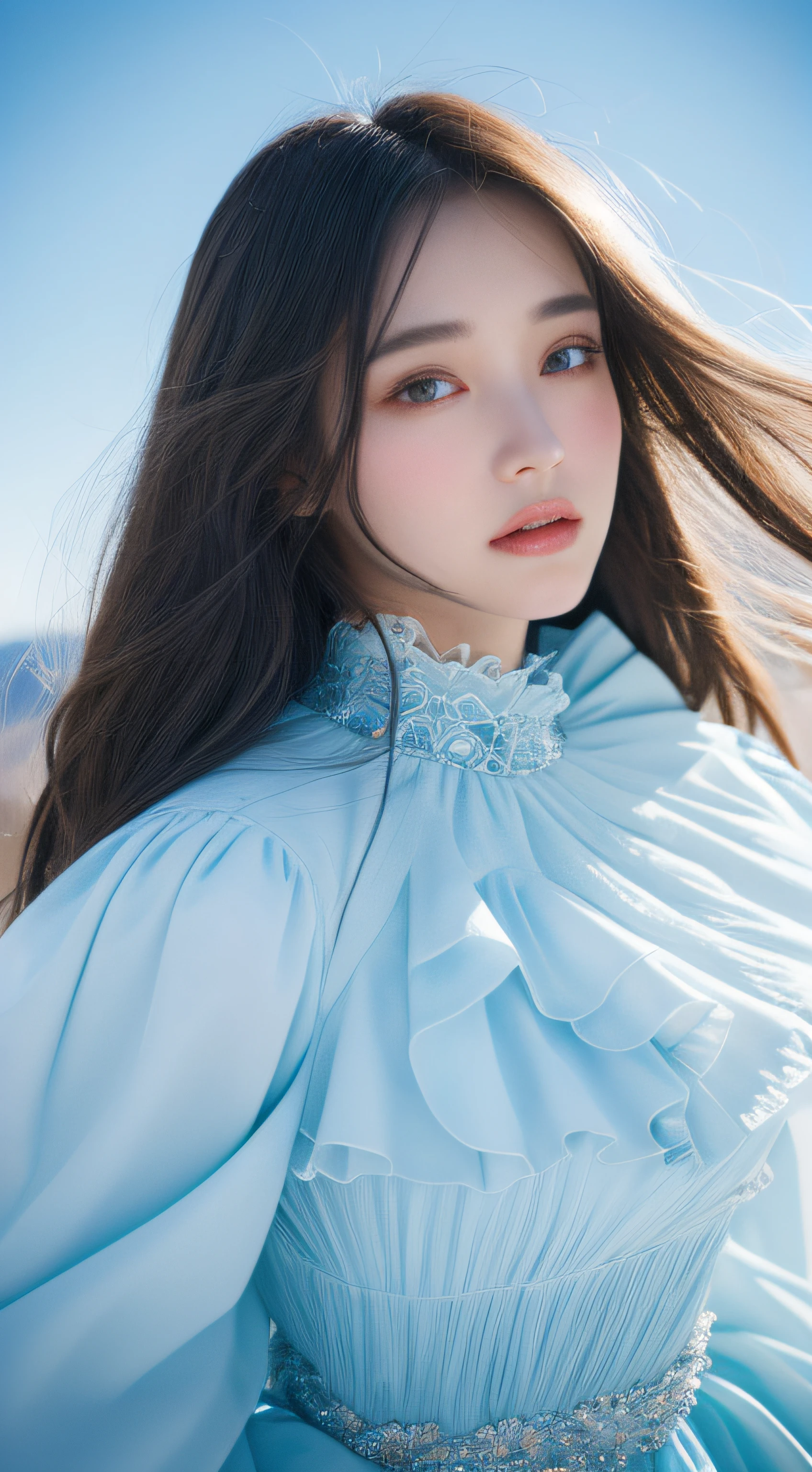 super fine illustration, an extremely cute and beautiful girl with perfect figure, underwear,highly detailed beautiful face and eyes, look at viewer, cowboy shot, beautiful long hair, solo, dynamic angle, beautiful detailed ice dress with frill, ice castle in background, blue tone